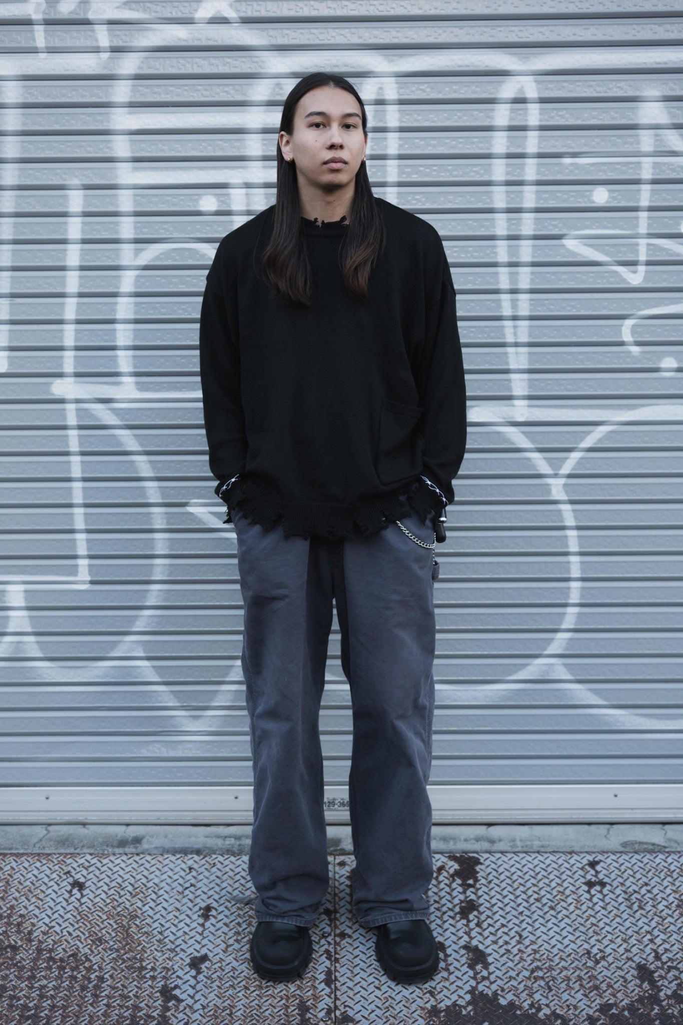 gibous×lhp pocket damage knit black