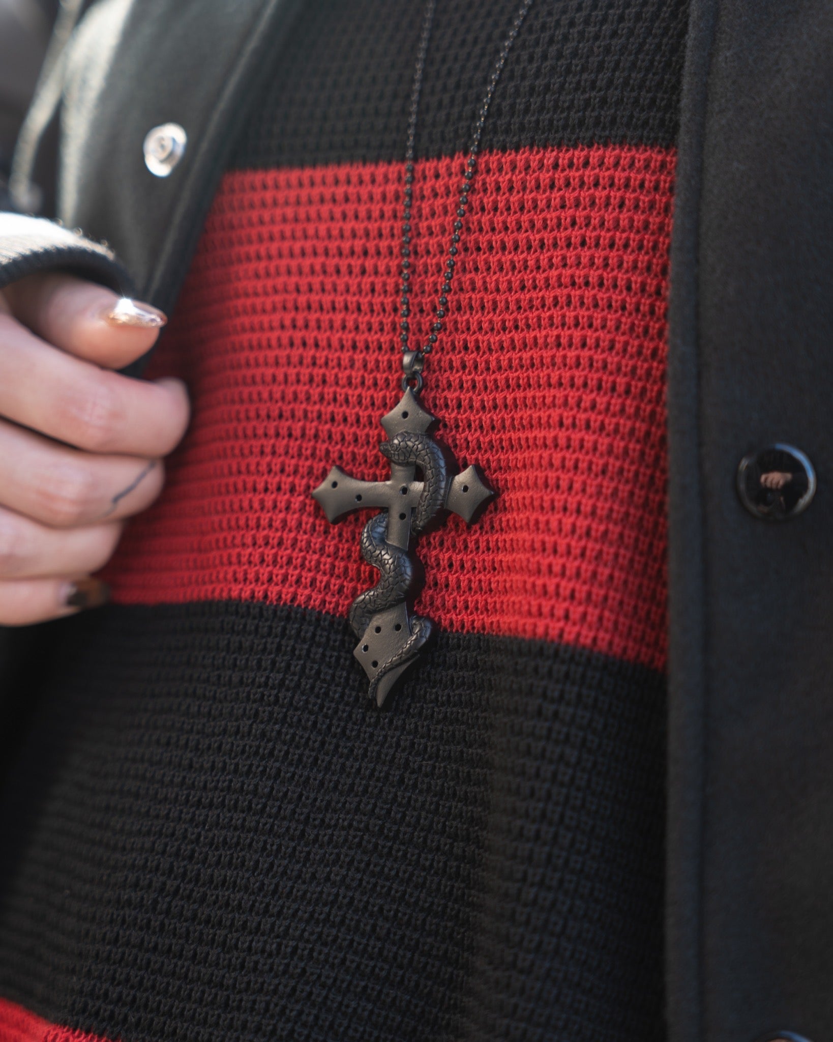 gibous snake cross pierce stock necklace black