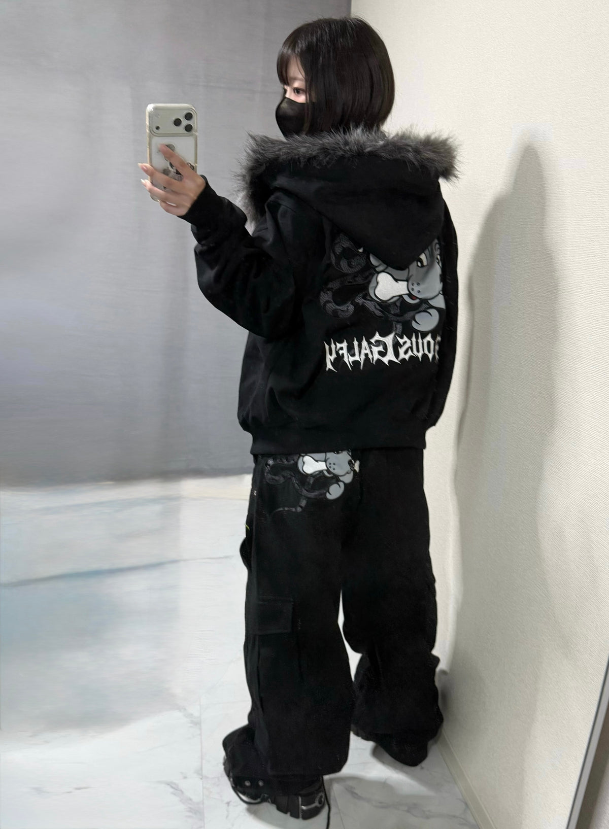 【受注生産】gibous×GALFY gothic logo centipede fur hoodie black