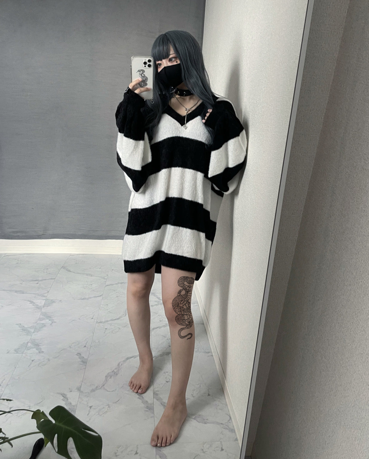 gibous shaggy border knit black×white