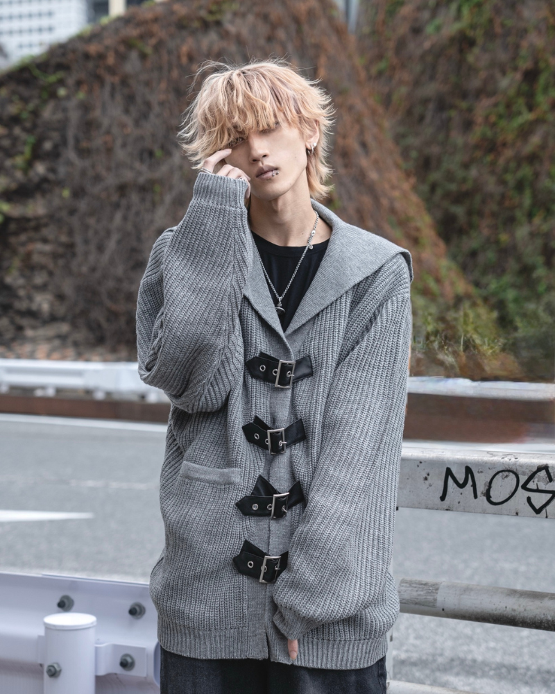 再販】gibous knit belt sailor cardigan gray