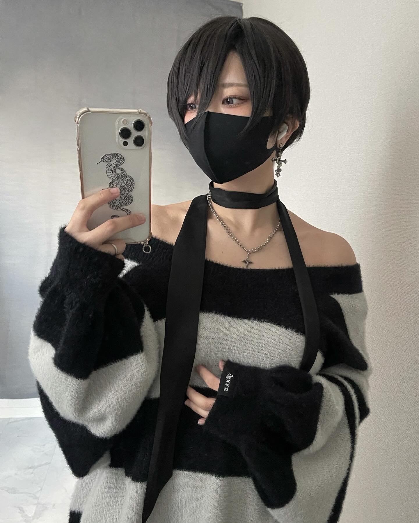 gibous shaggy border knit black×white