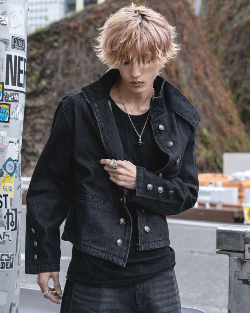 gibous Military Button Dark Denim Jacket