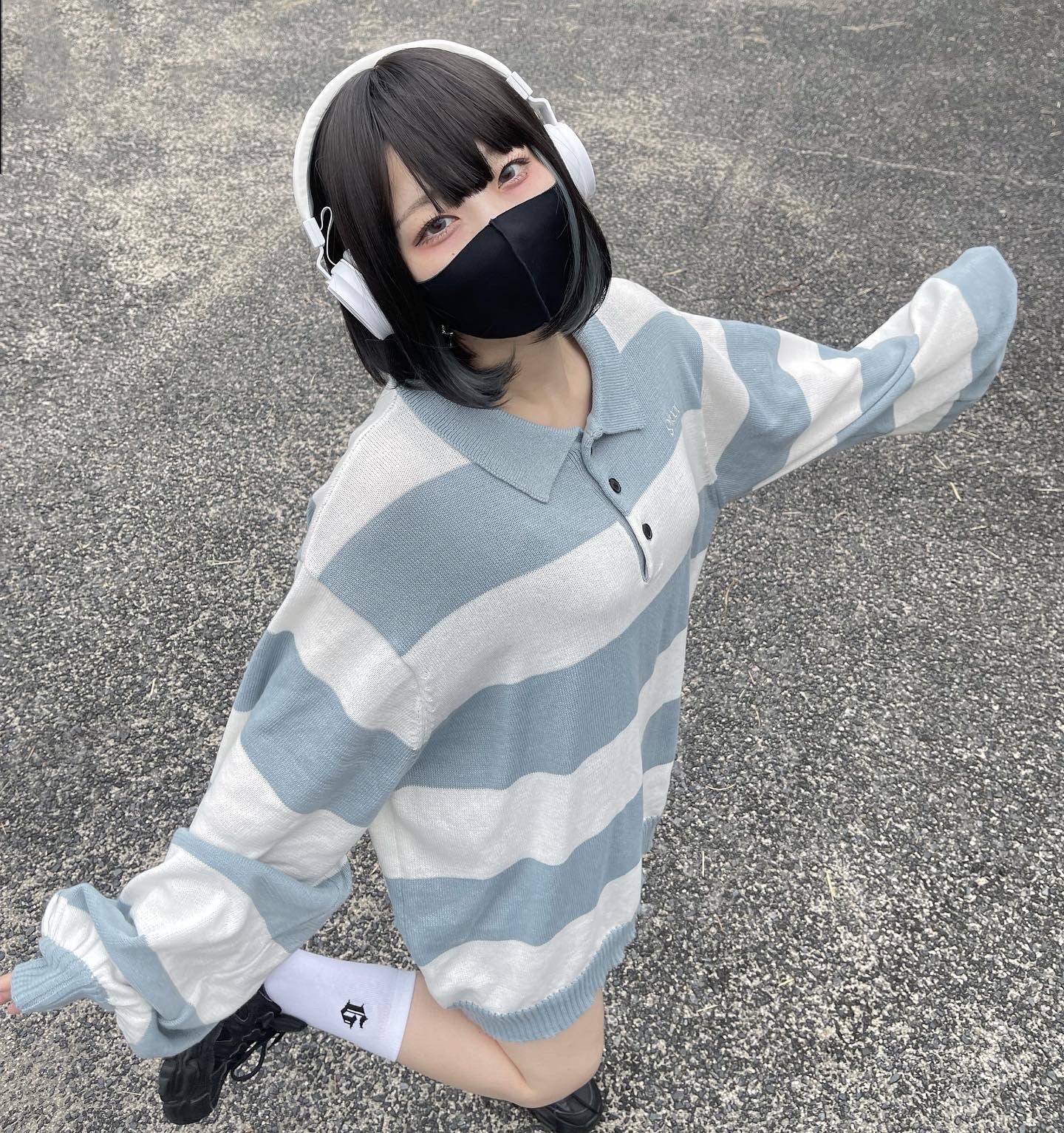gibous border knitpolo milkblue×white
