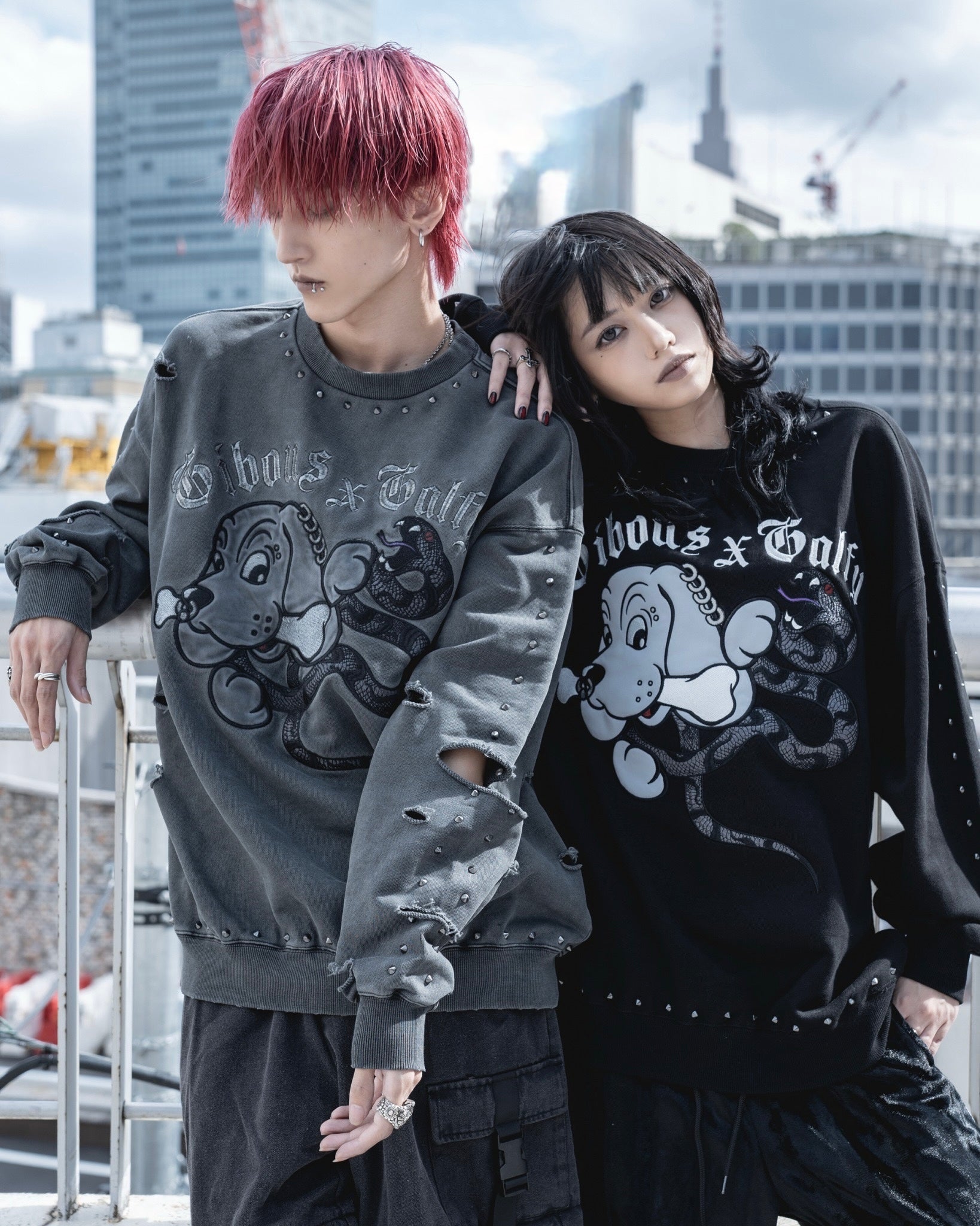 【受注生産】gibous×GALFY snake dog damage studs trainer ink black