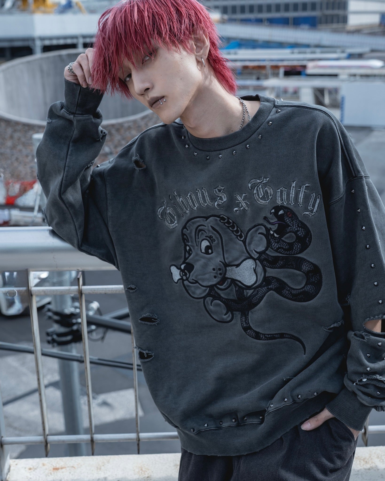 【受注生産】gibous×GALFY snake dog damage studs trainer ink black