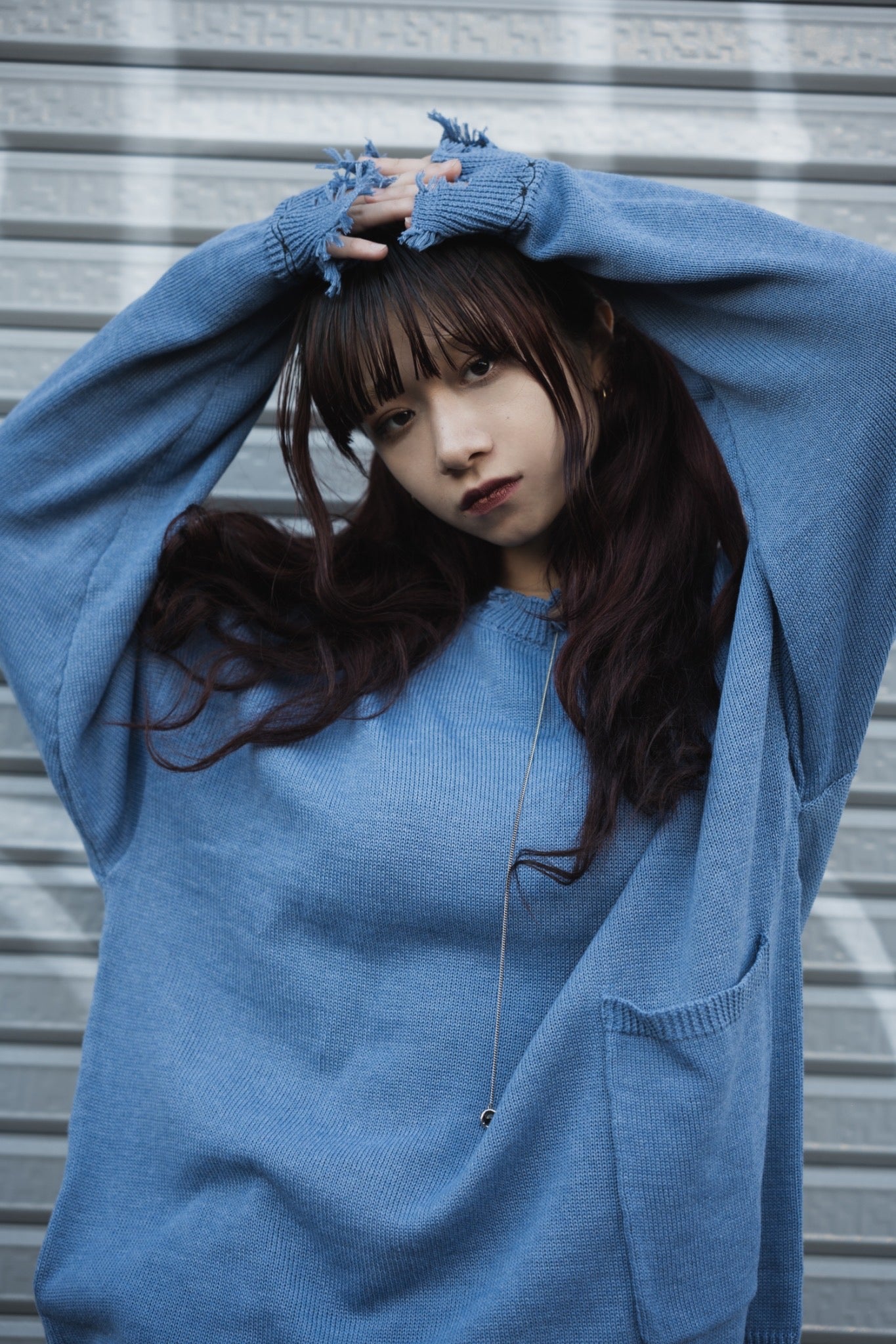 gibous×lhp pocket damage knit aqua blue