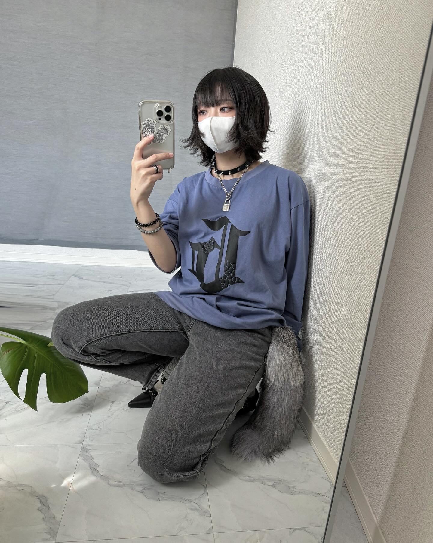 gibous G puff print long t shirt blue