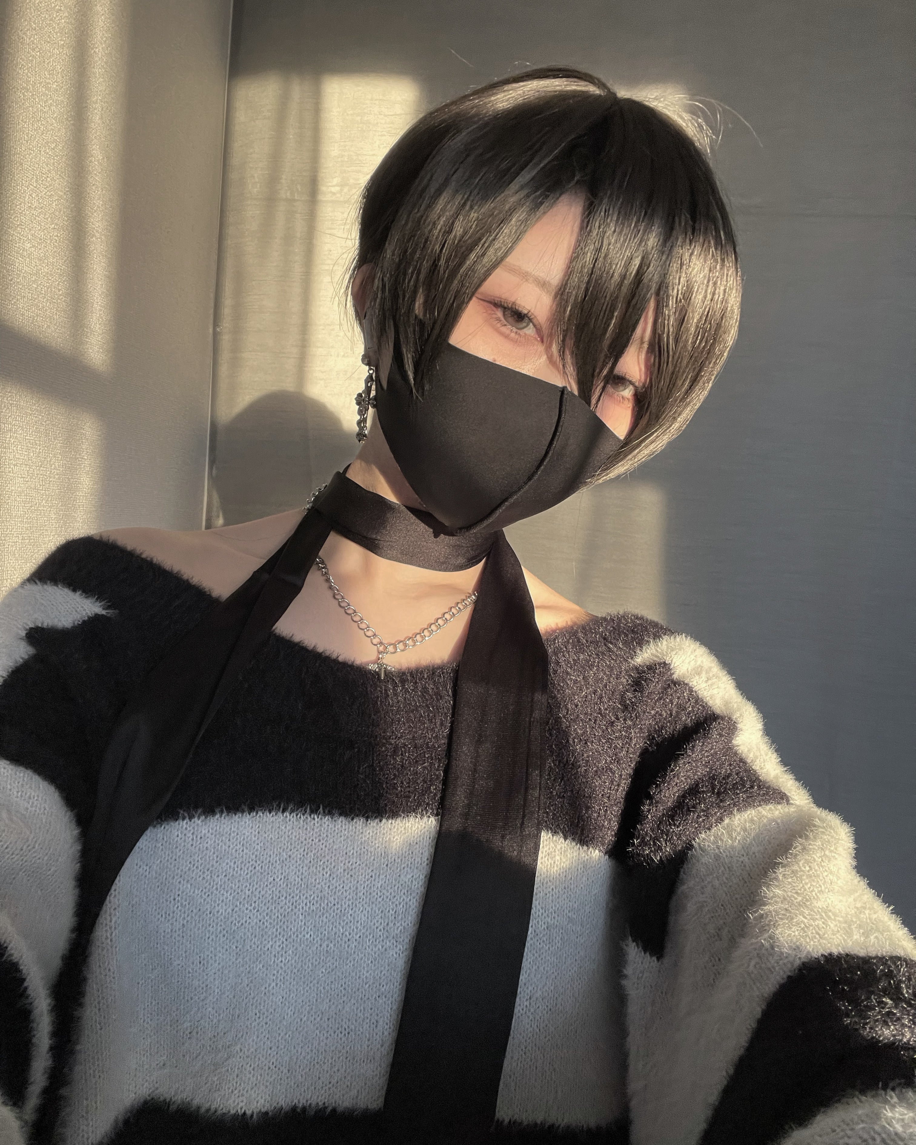 gibous shaggy border knit black×white