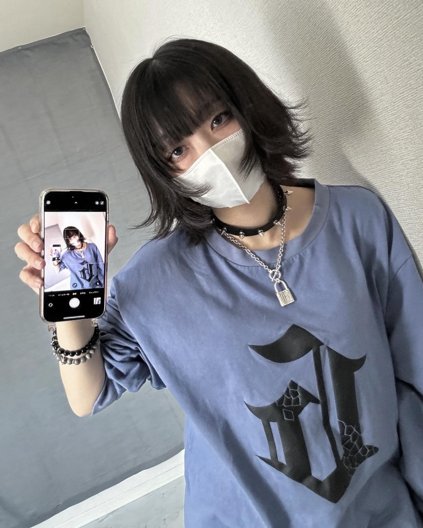 gibous G puff print long t shirt blue