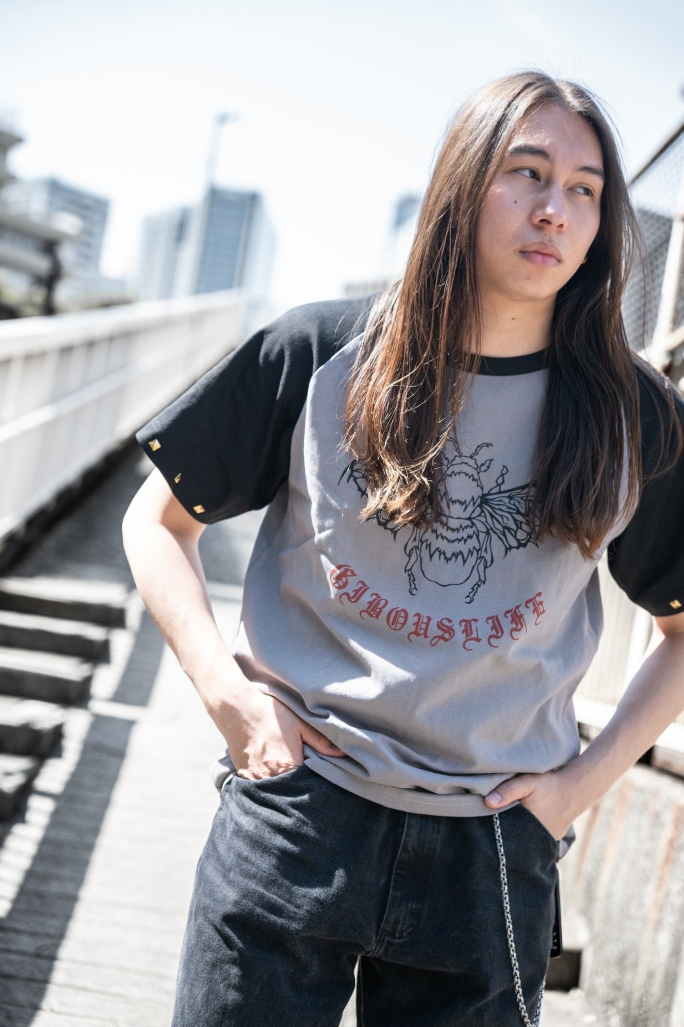 gibous bee butterfly raglan t shirt gray