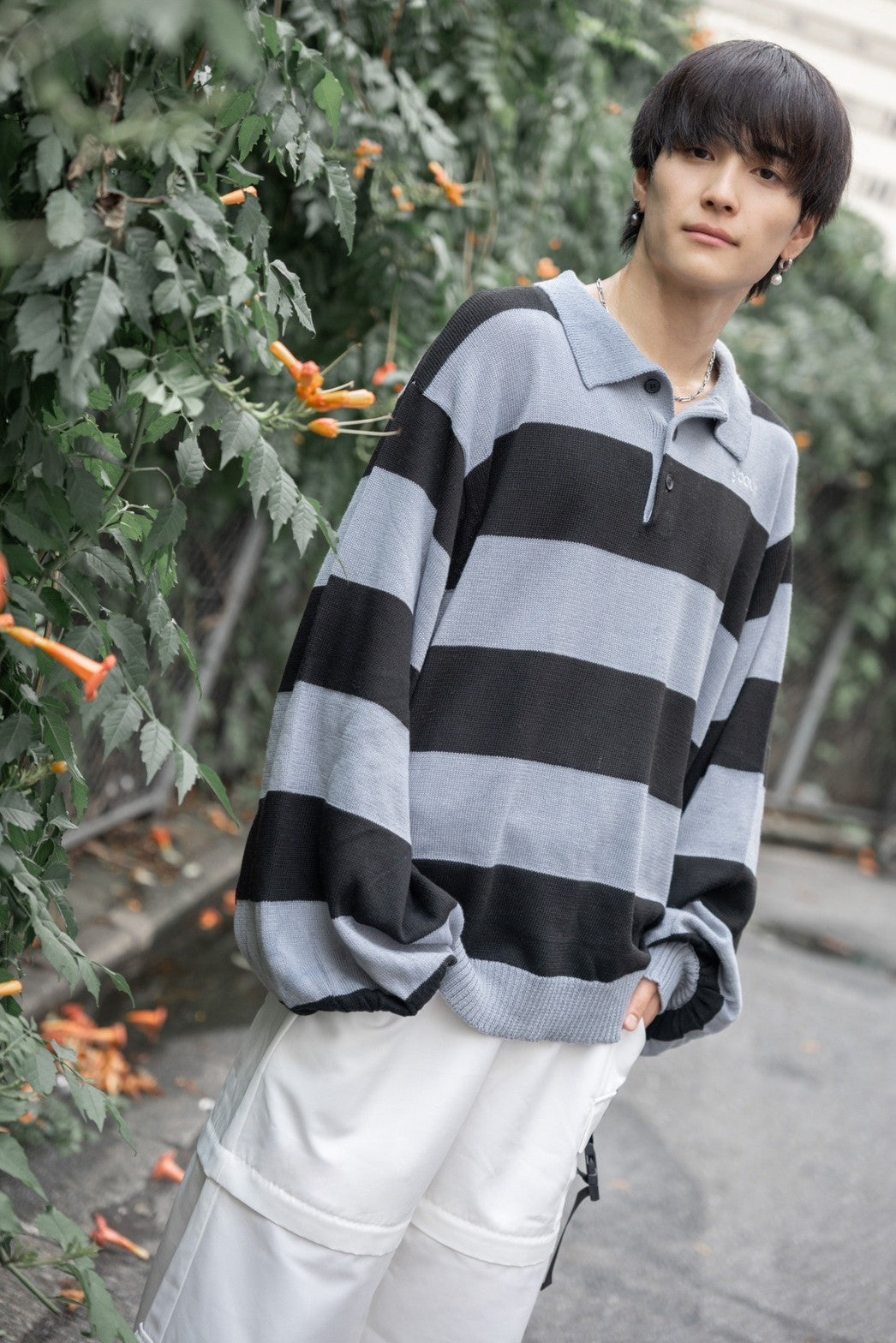 【再販】gibous border knitpolo gray×black