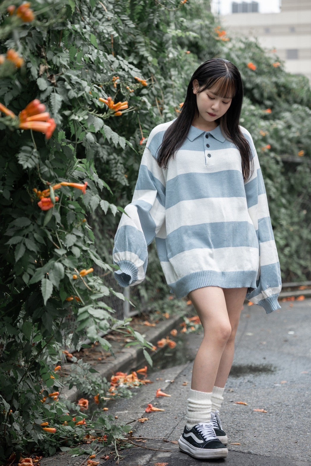 gibous border knitpolo milkblue×white
