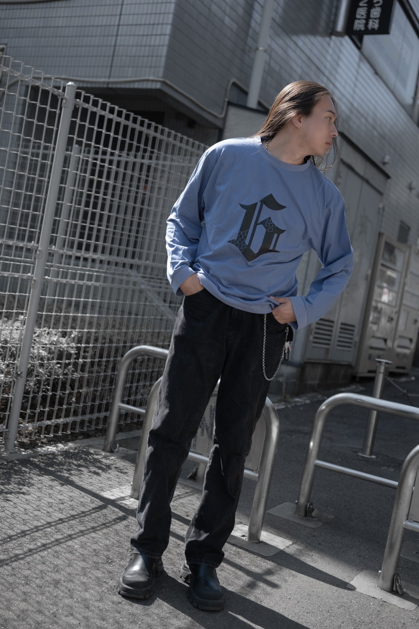 gibous G puff print long t shirt blue