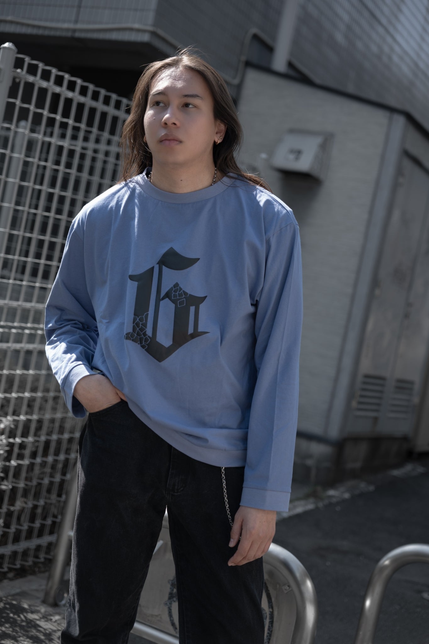 gibous G puff print long t shirt blue