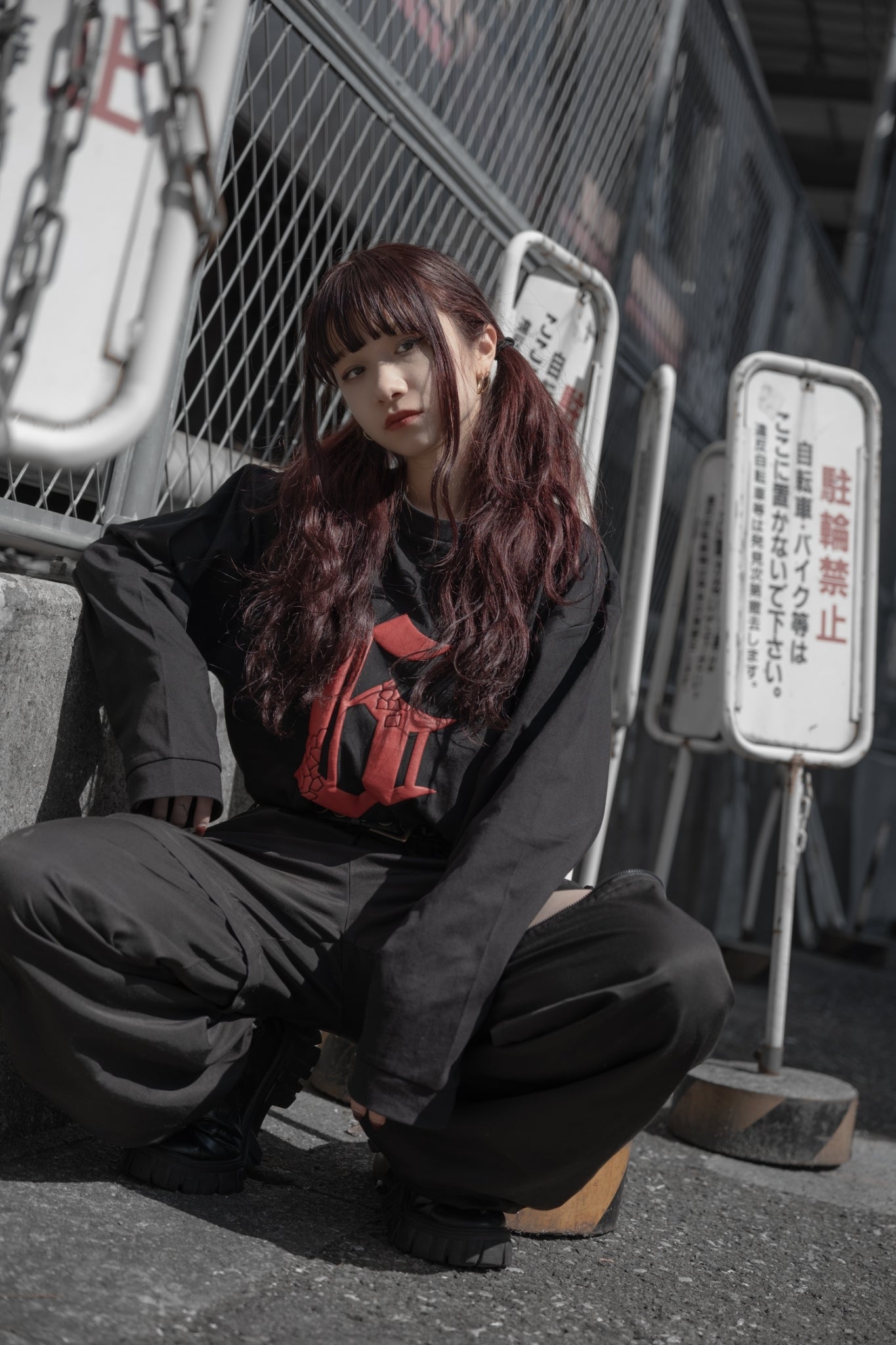 gibous G puff print long t shirt black