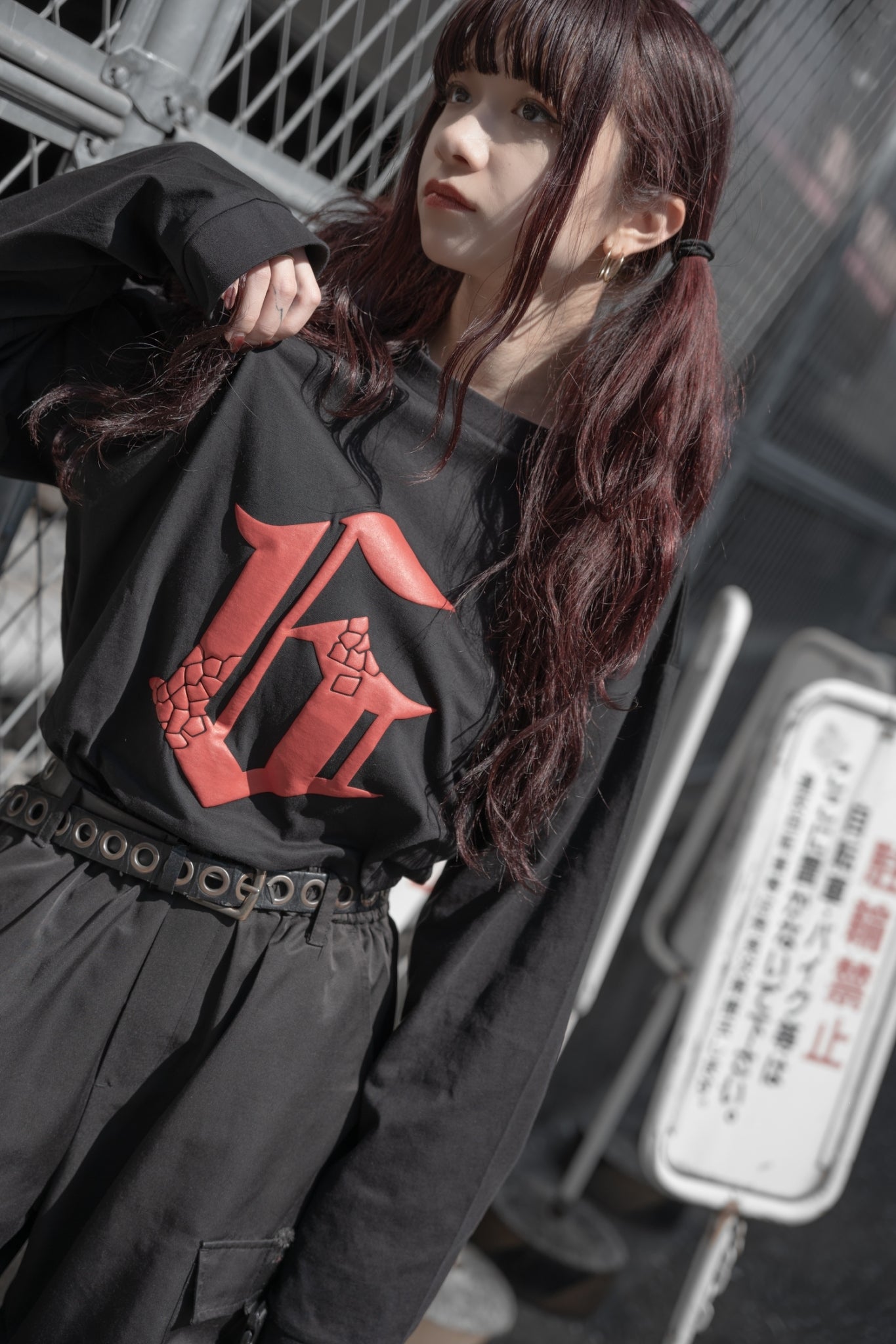 gibous G puff print long t shirt black