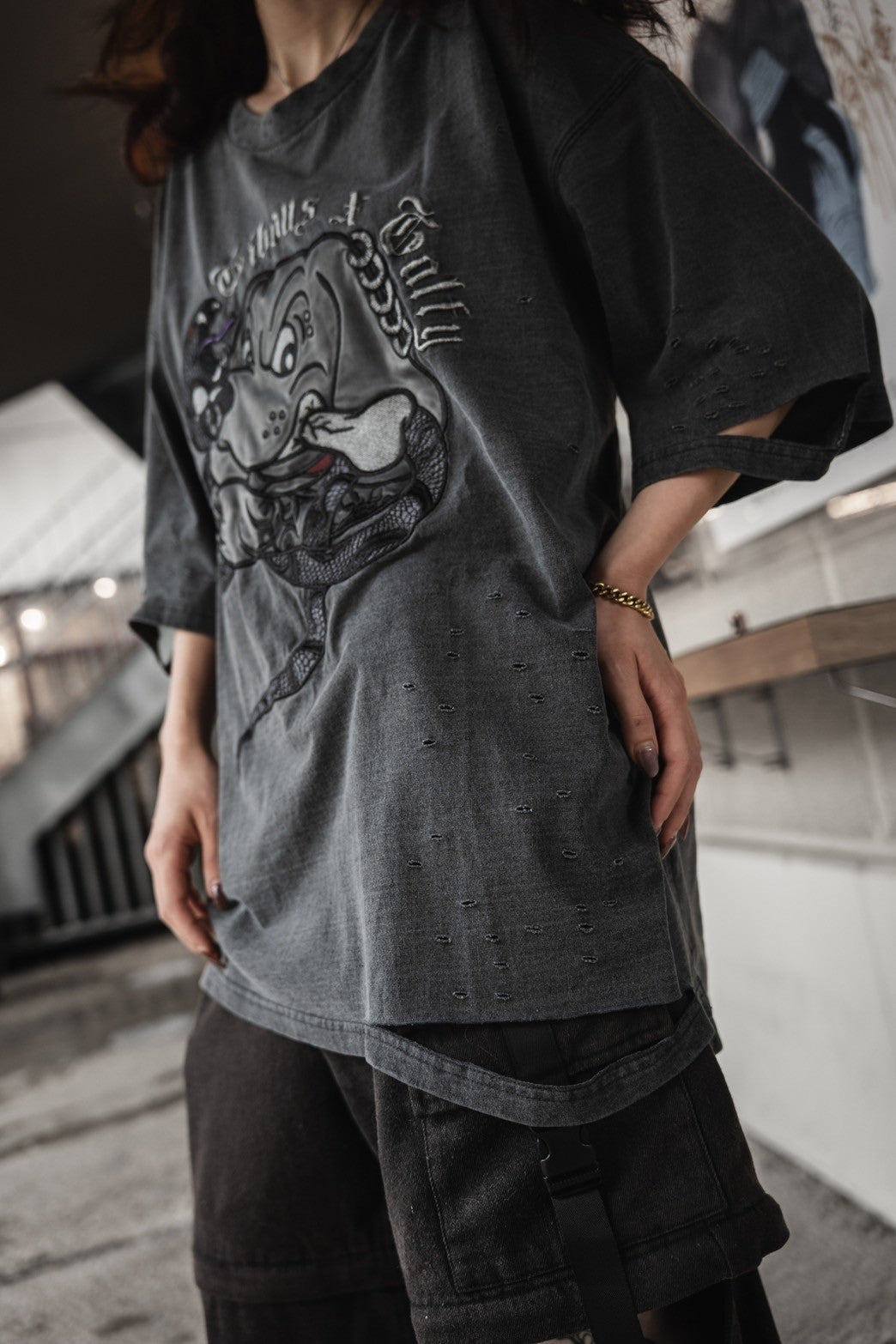 【再販】gibous×GALFY snake dog damage T shirt ink black