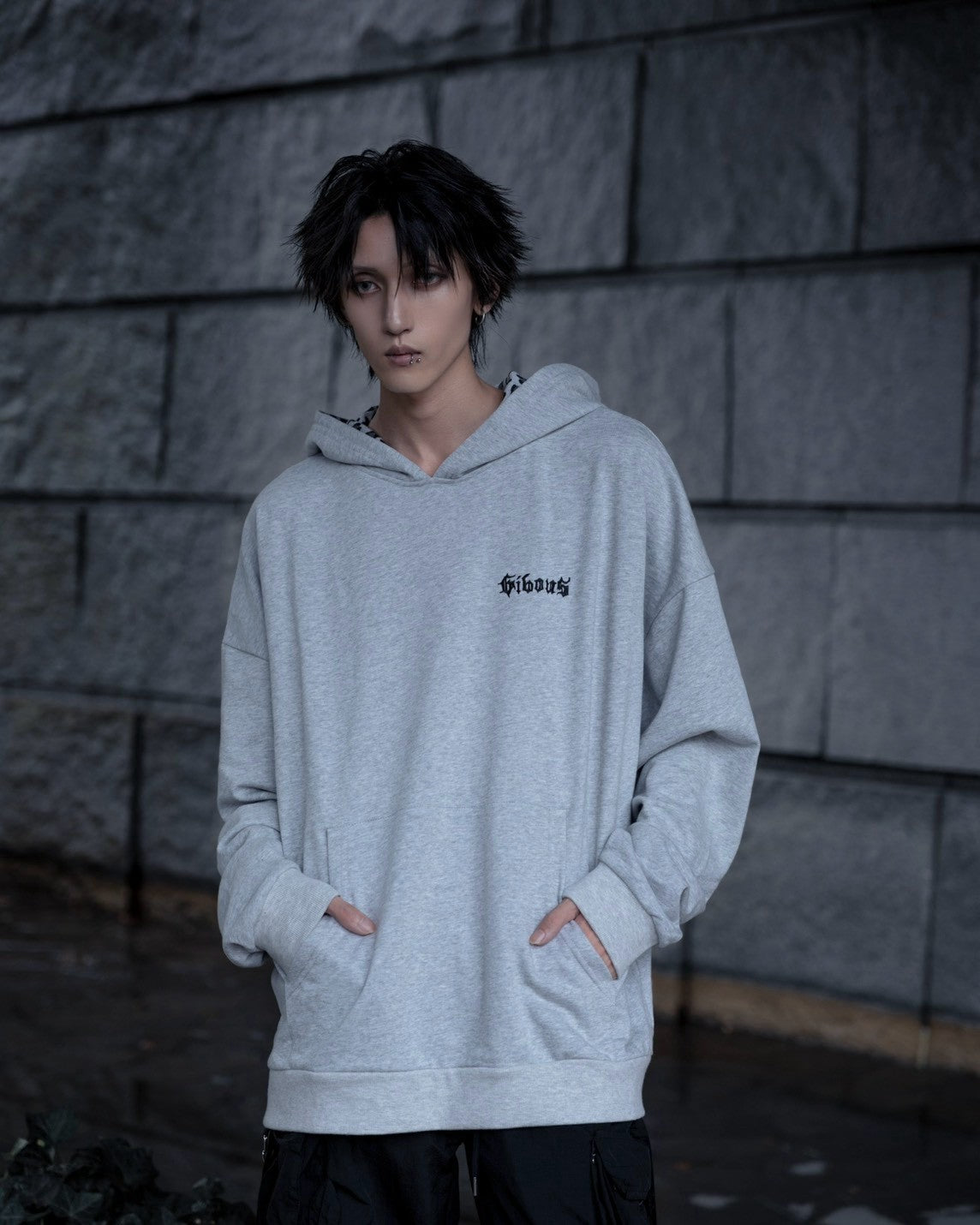 gibous gothic logo leopard print hoodie gray