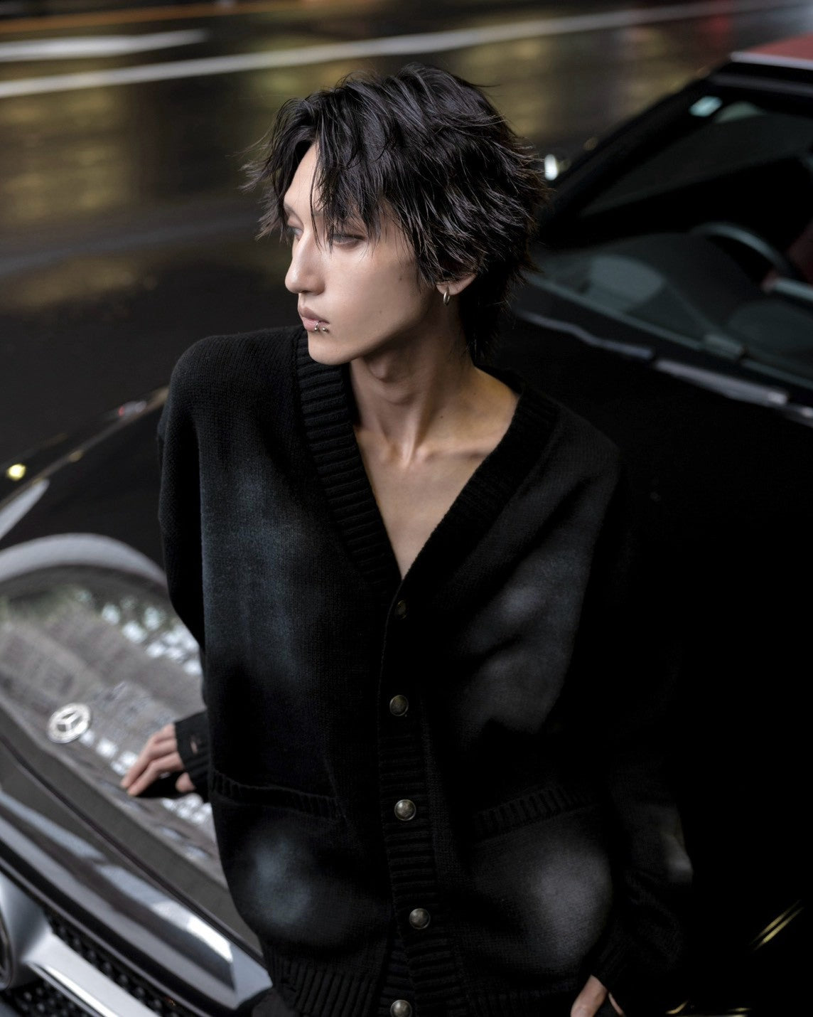 gibous original button shaggy spray cardigan black