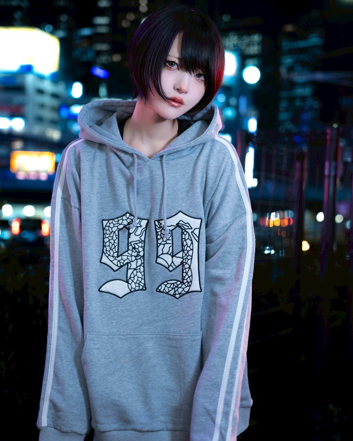 gibous velour numbering dark vneck sweatshirt gray