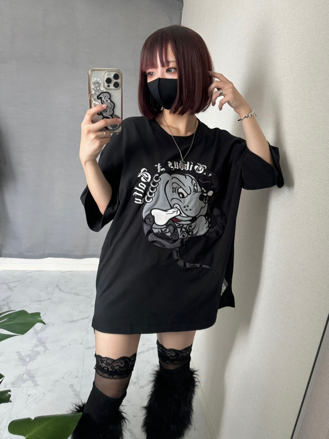 【再販】gibous×GALFY snake dog damage T shirt black