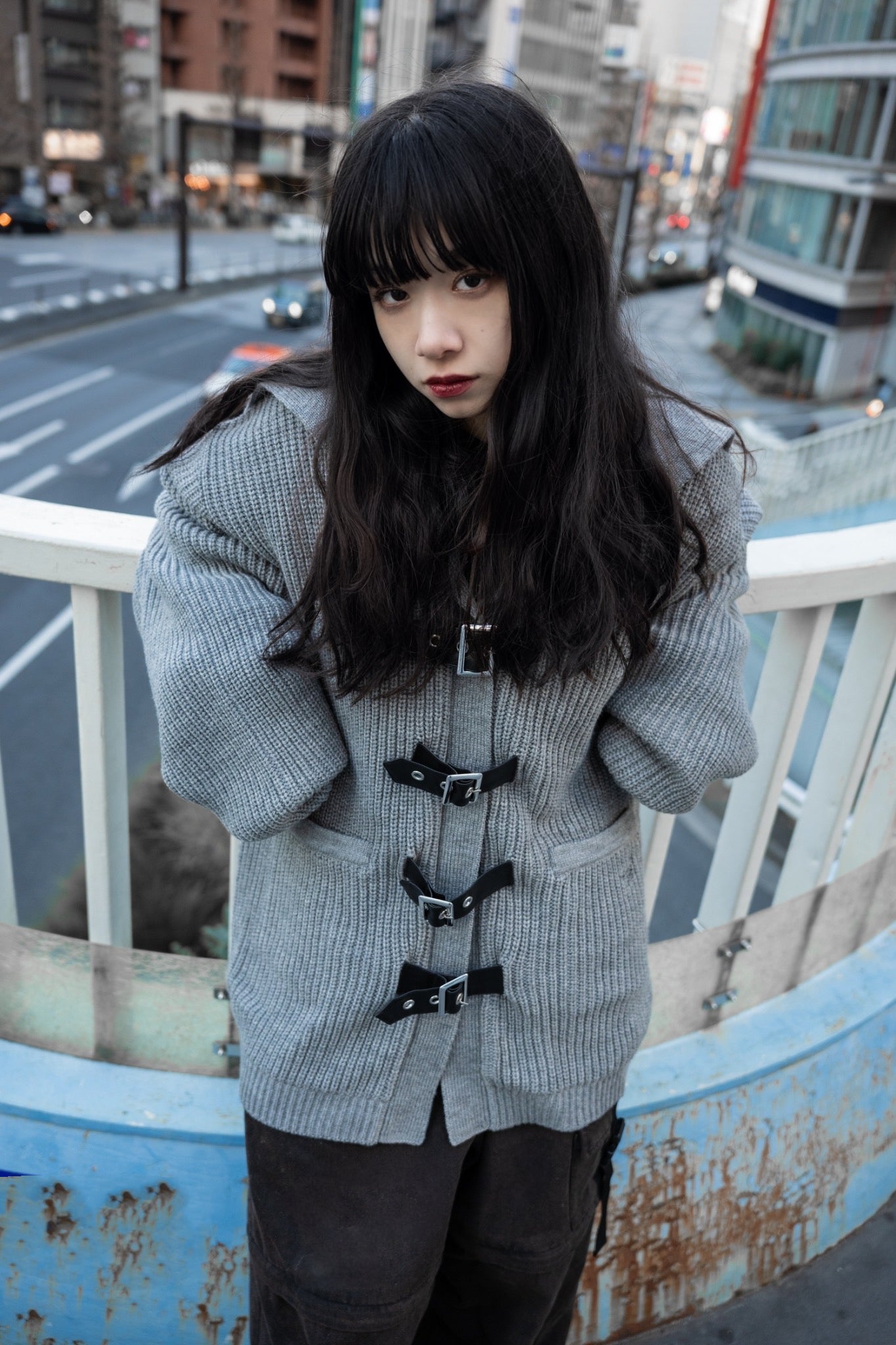 gibous knit belt sailor cardigan gray