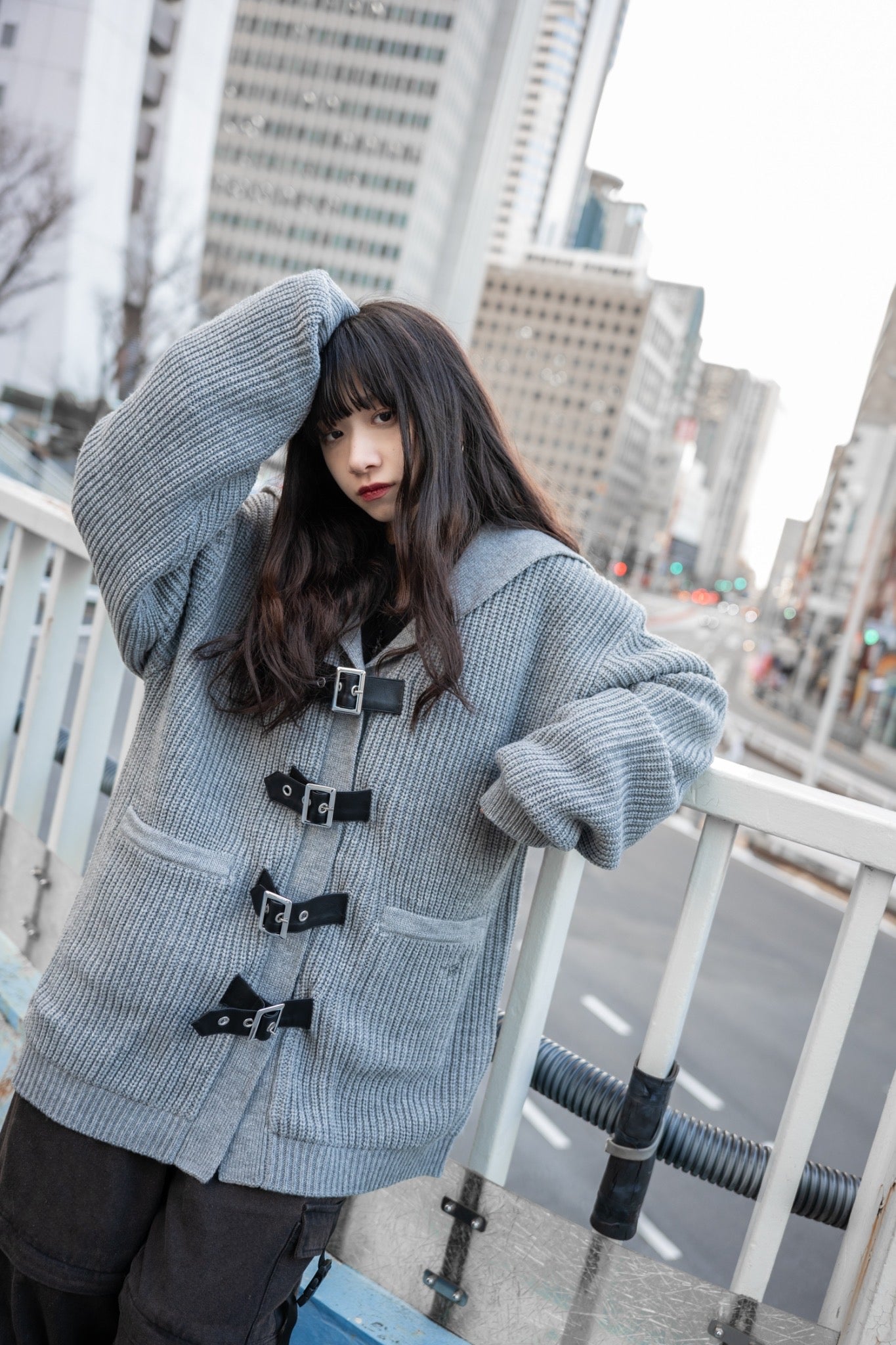 gibous knit belt sailor cardigan gray