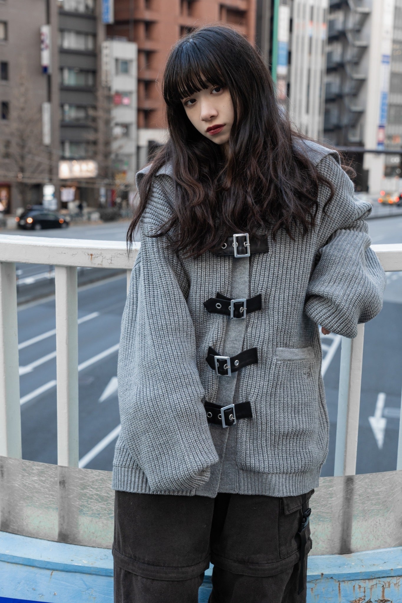 gibous knit belt sailor cardigan gray