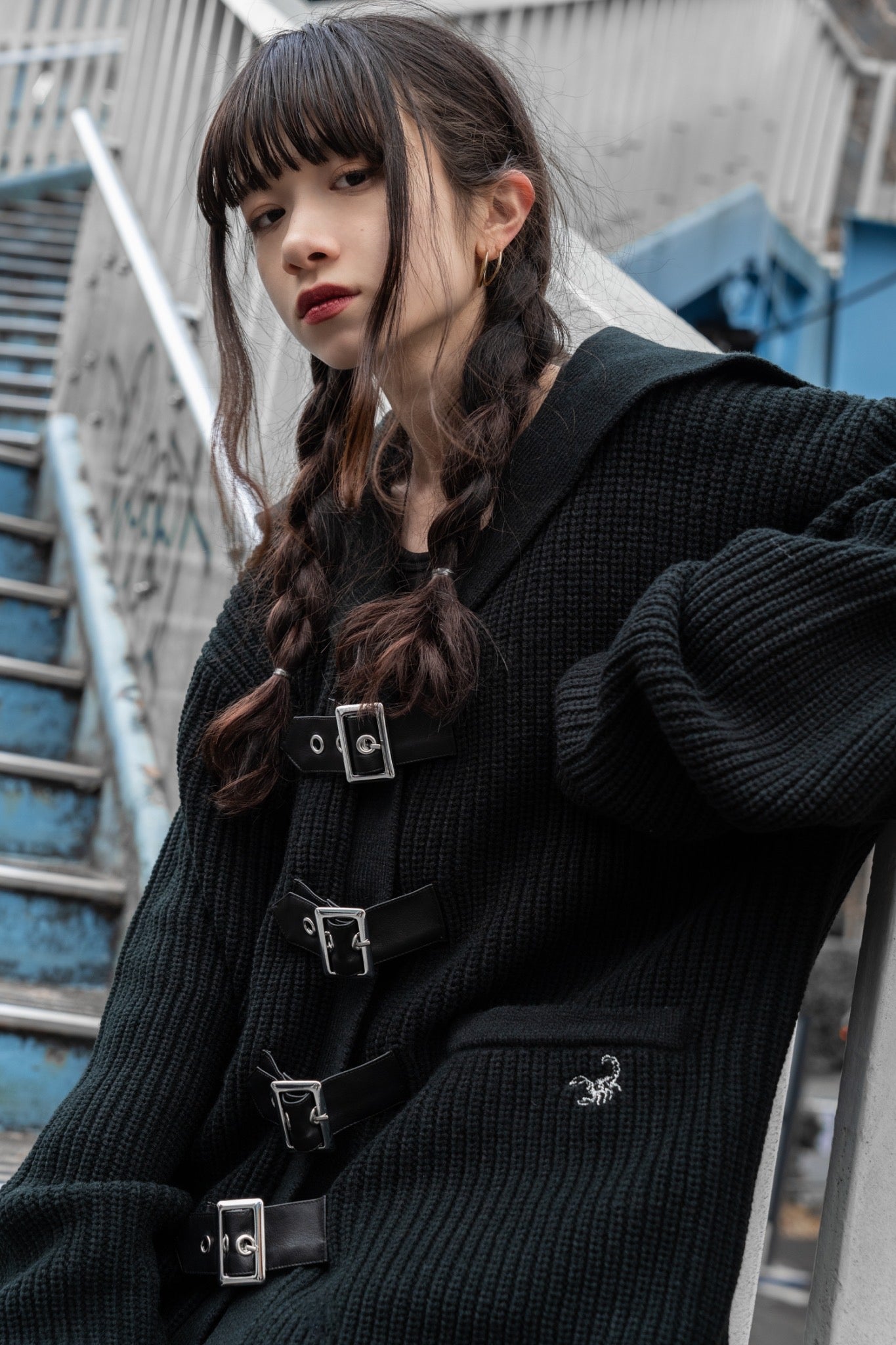 gibous knit belt sailor cardigan black