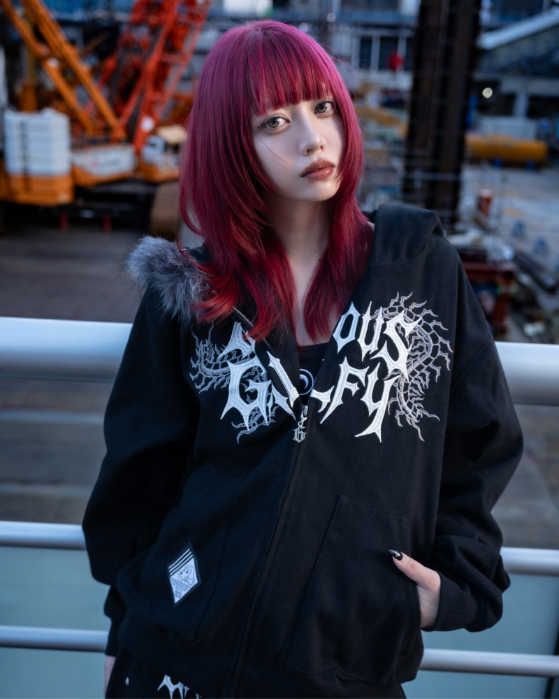 【受注生産】gibous×GALFY gothic logo centipede fur hoodie black