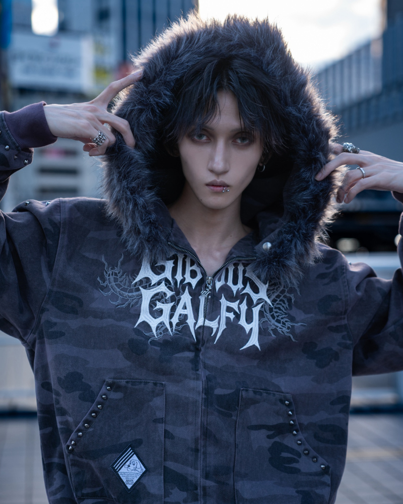 【受注生産】gibous×GALFY gothic logo centipede fur hoodie studs Overdyed