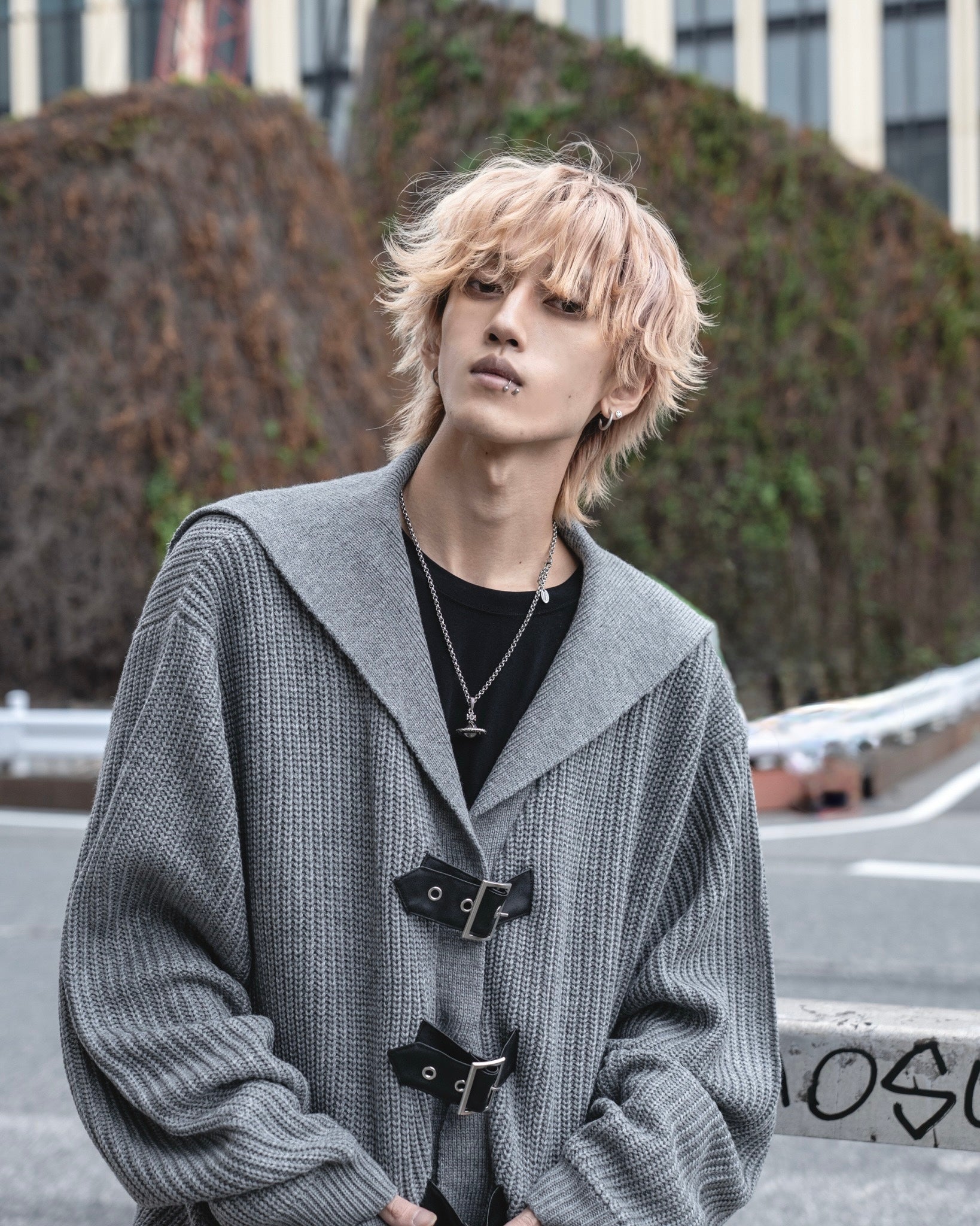 【再販】gibous knit belt sailor cardigan gray