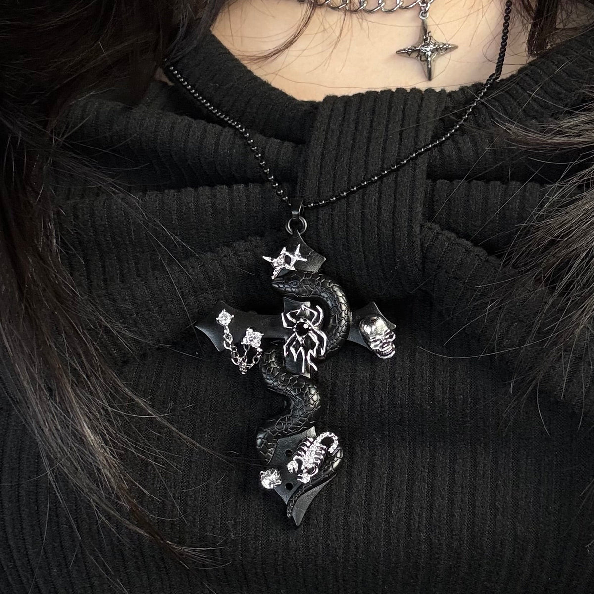 gibous snake cross pierce stock necklace black