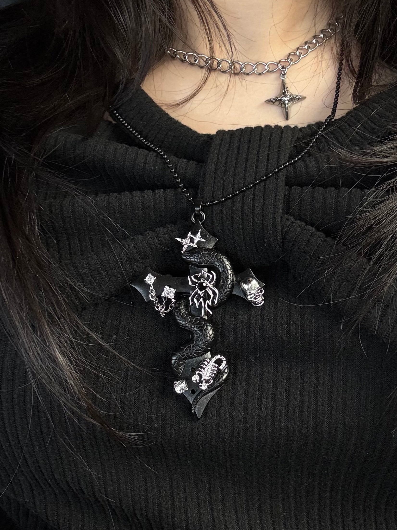 gibous snake cross pierce stock necklace black