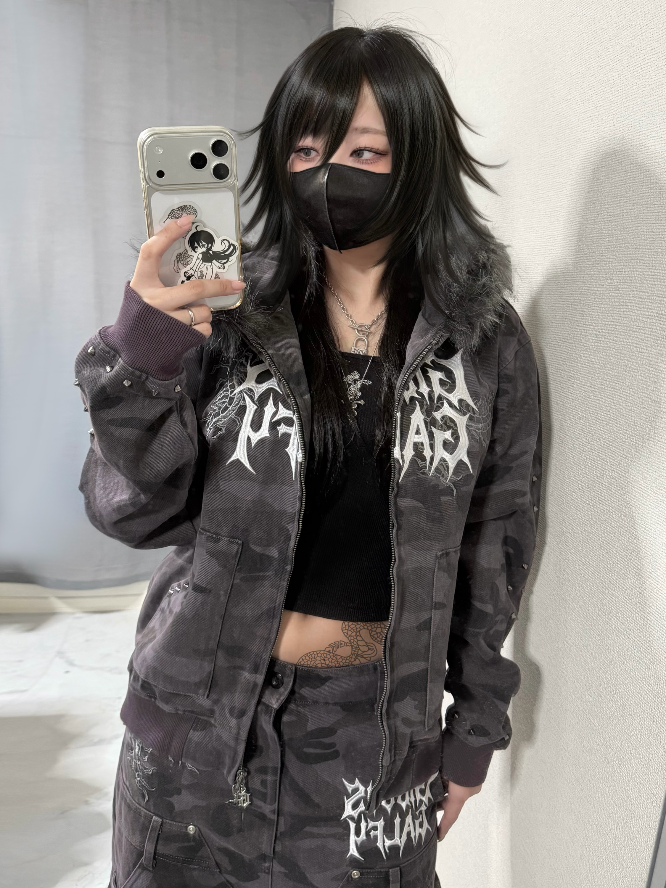 【受注生産】gibous×GALFY gothic logo centipede fur hoodie studs Overdyed