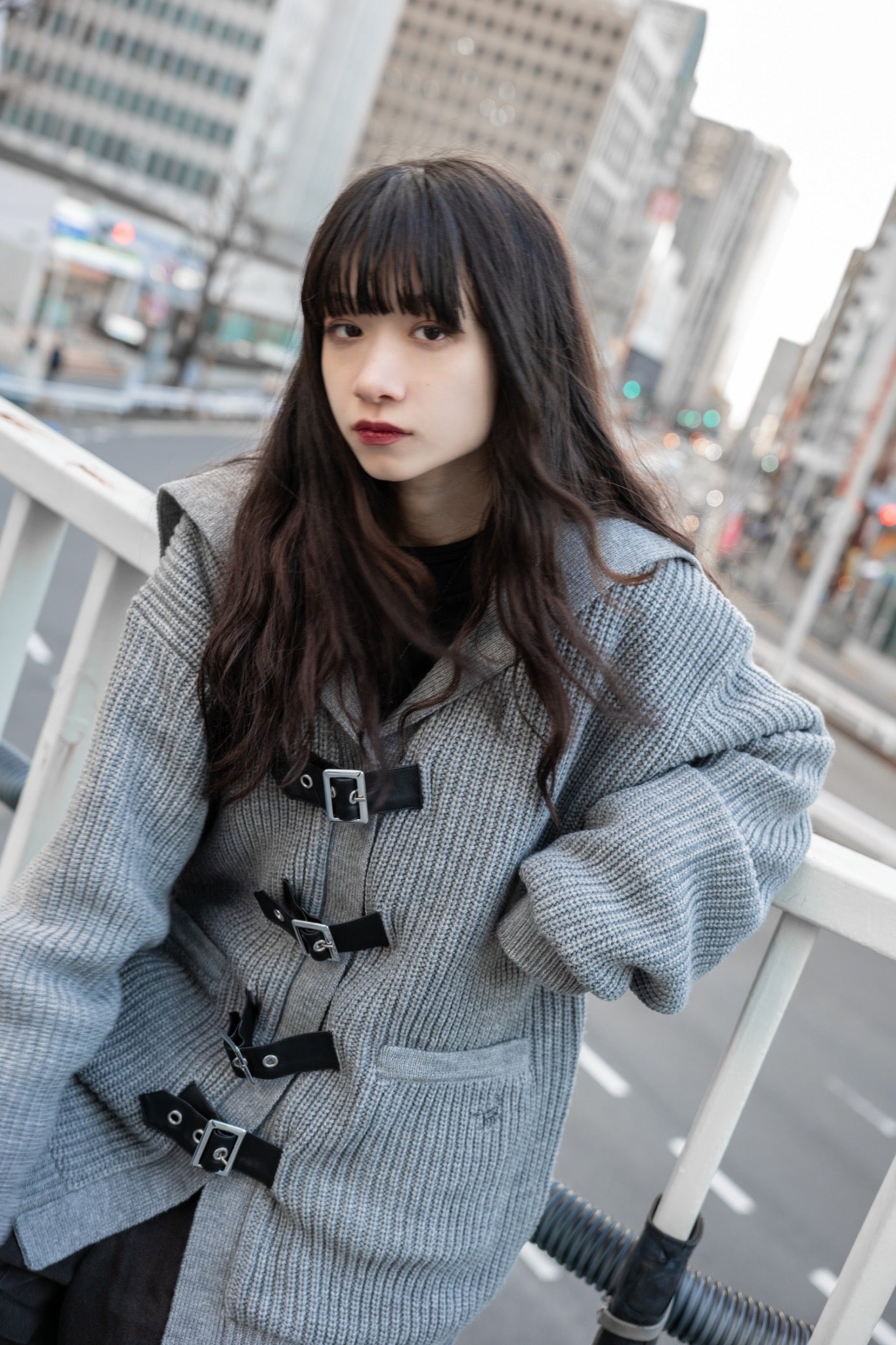 gibous knit belt sailor cardigan gray