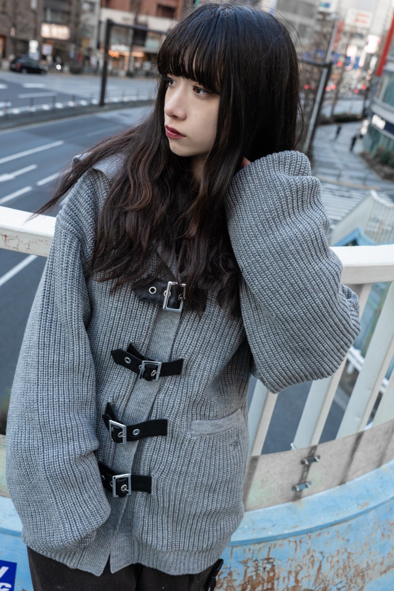 gibous knit belt sailor cardigan gray