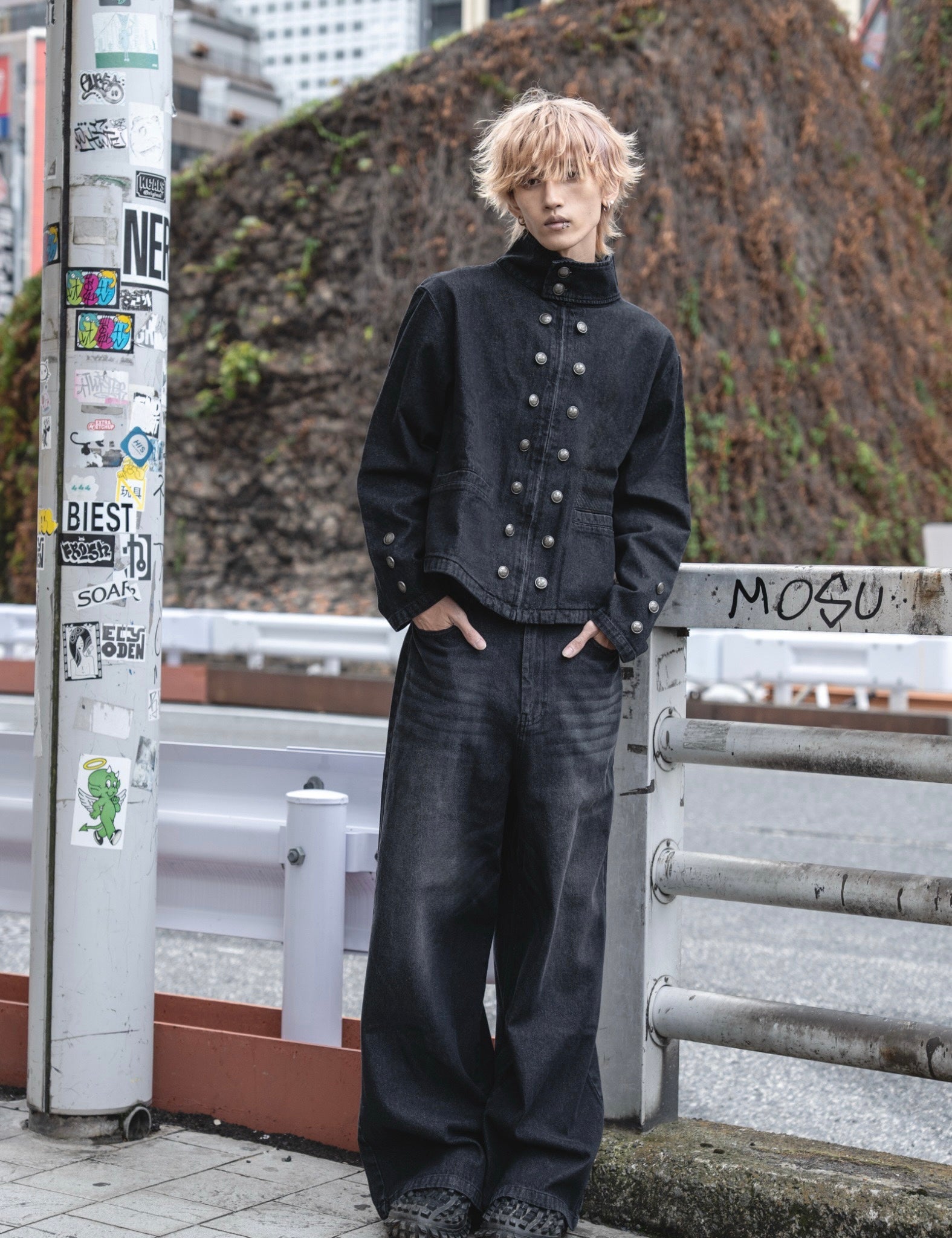 gibous Military Button Dark Denim Jacket