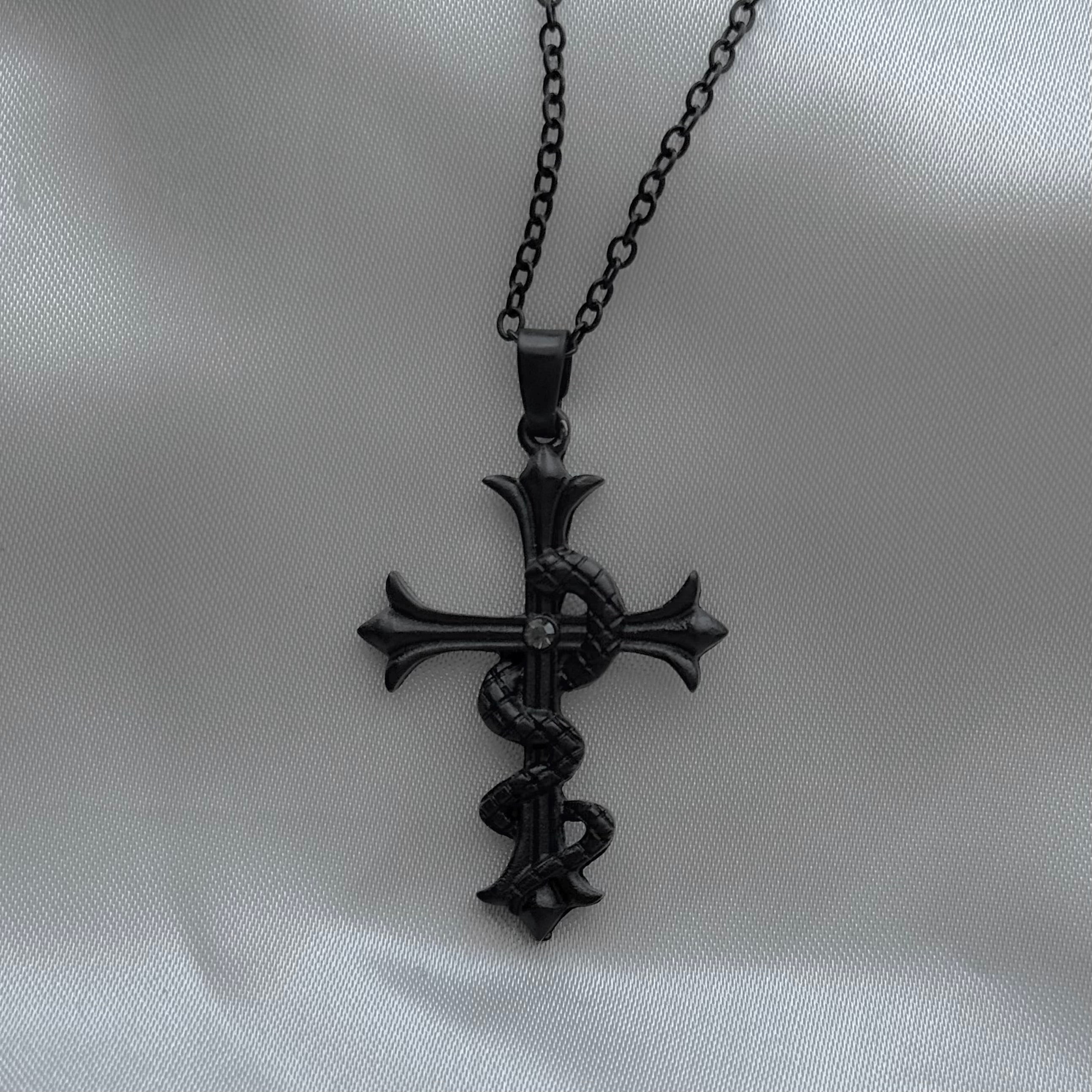 gibous snake cross necklace black