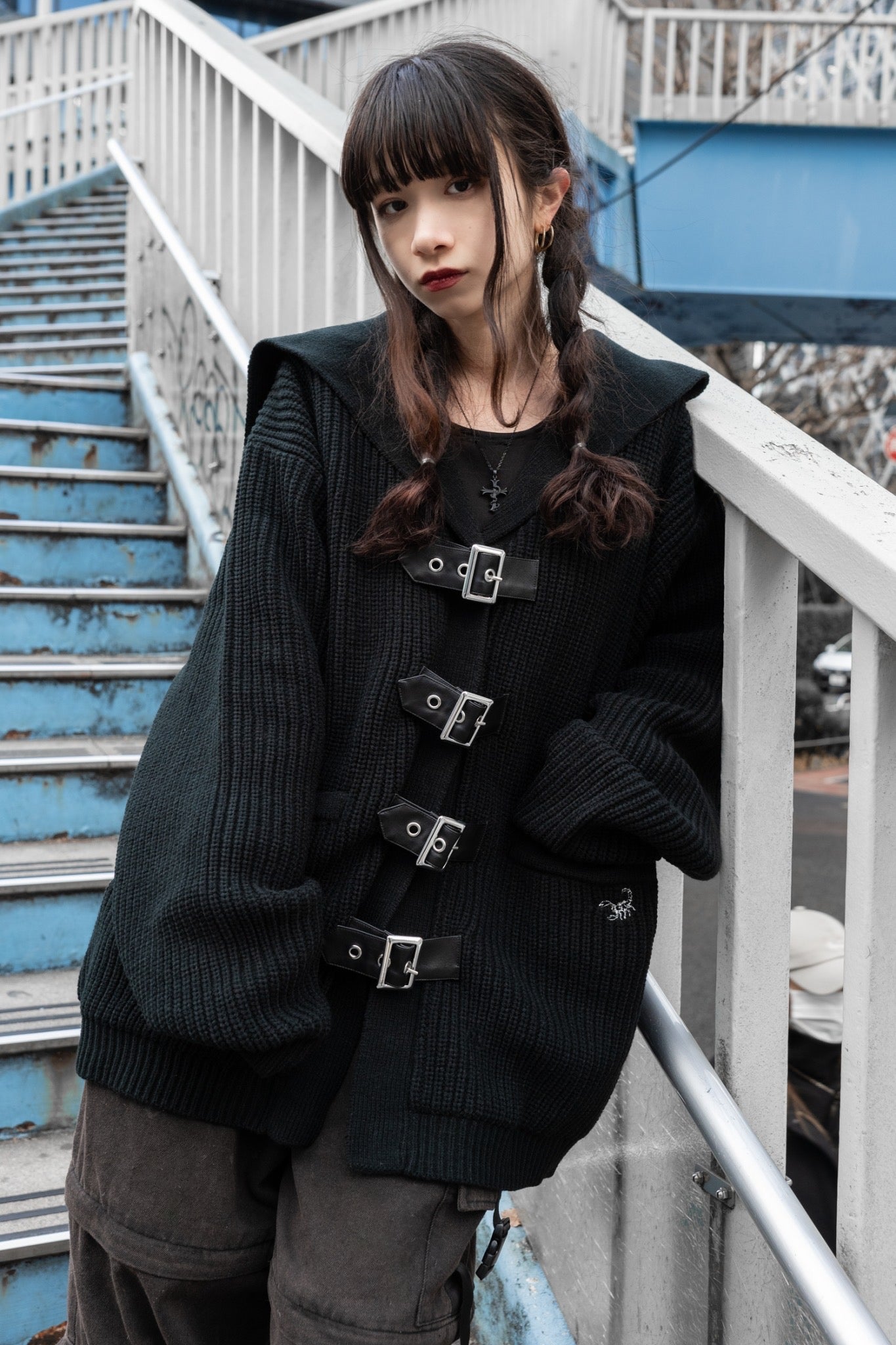 gibous knit belt sailor cardigan black