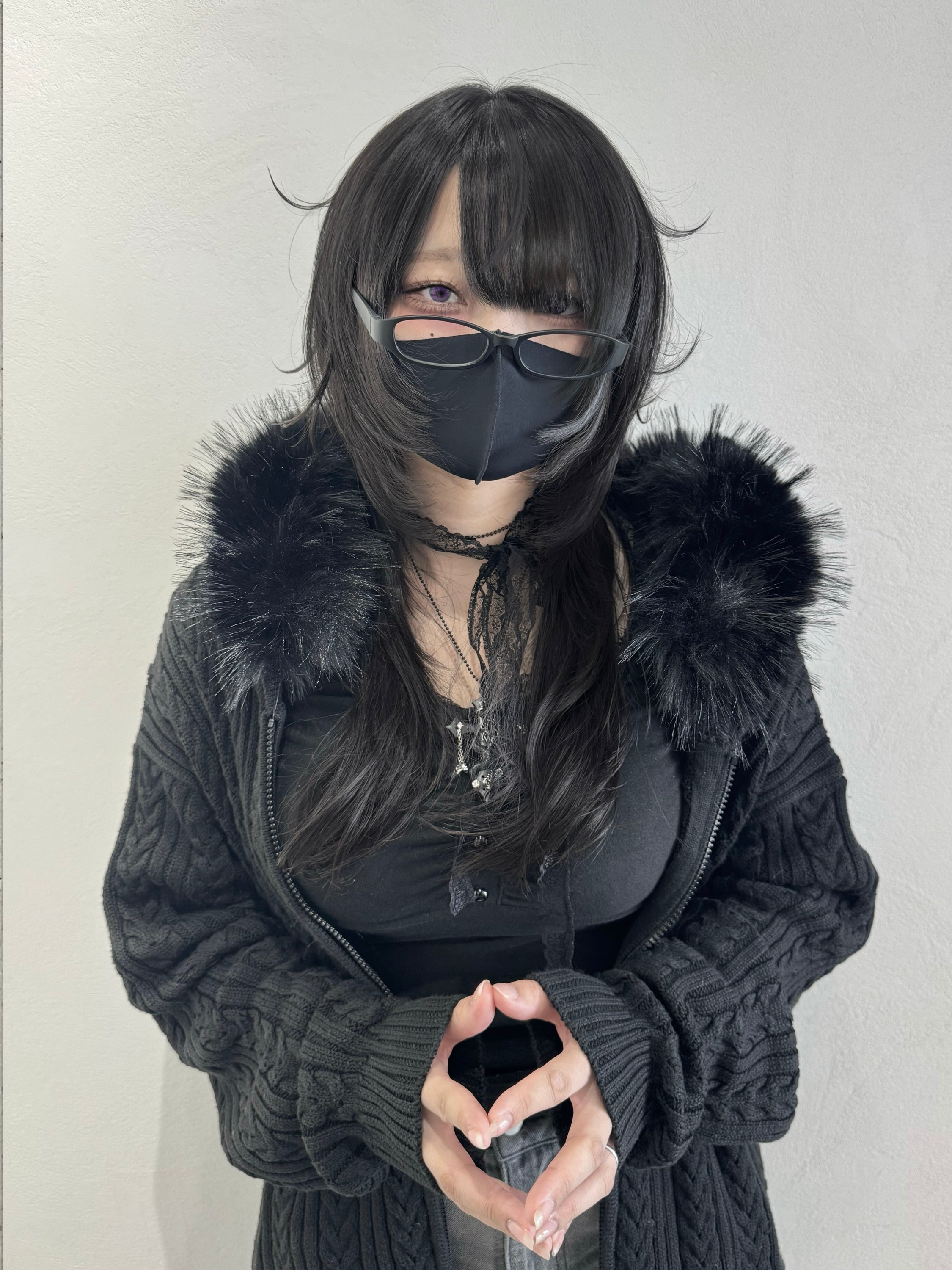 gibous cable knit logo fur hoodie black