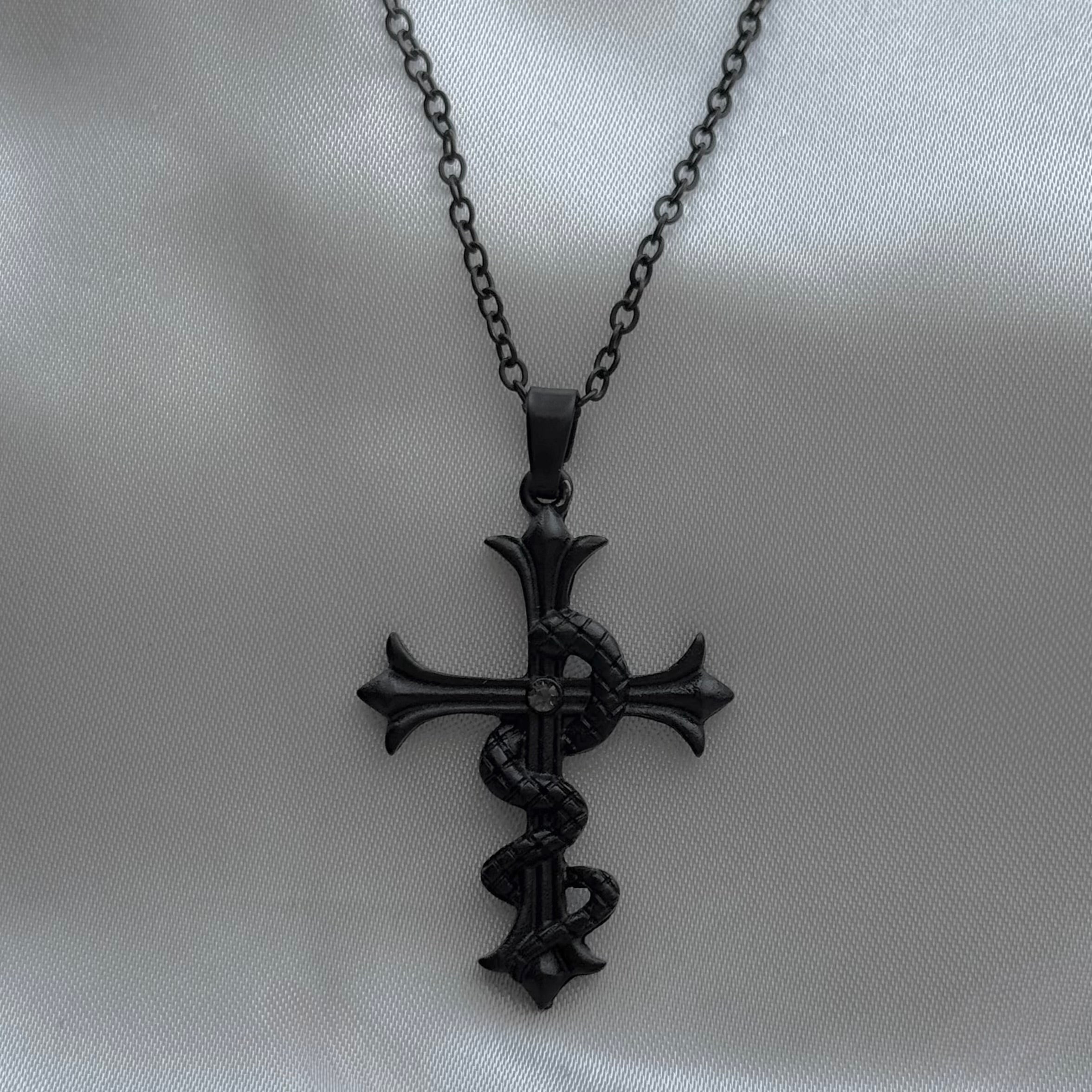 gibous snake cross necklace black