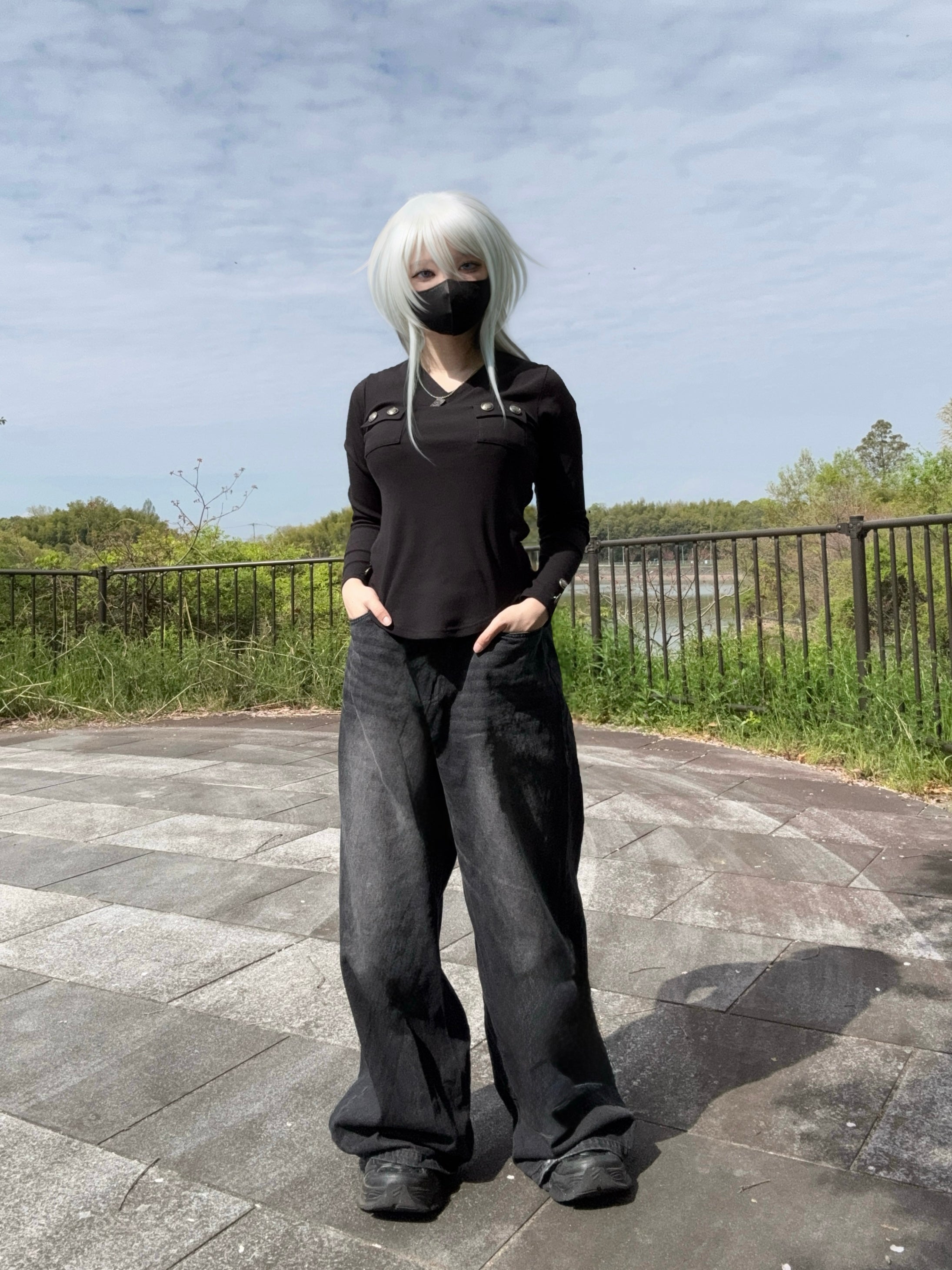 gibous rib original button v neck tops black