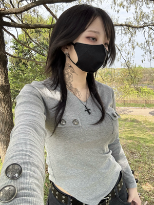 gibous rib original button v neck tops gray