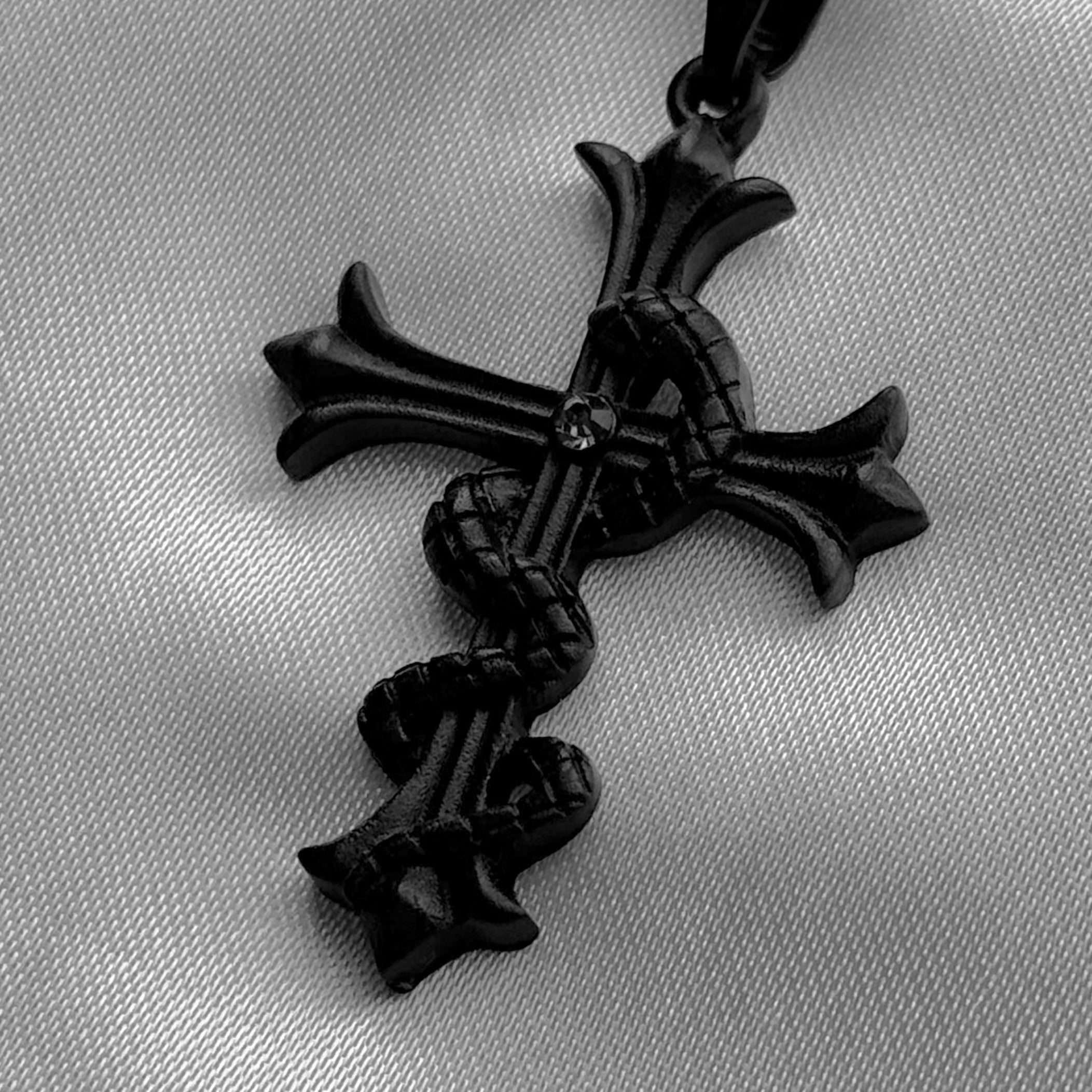 gibous snake cross necklace black