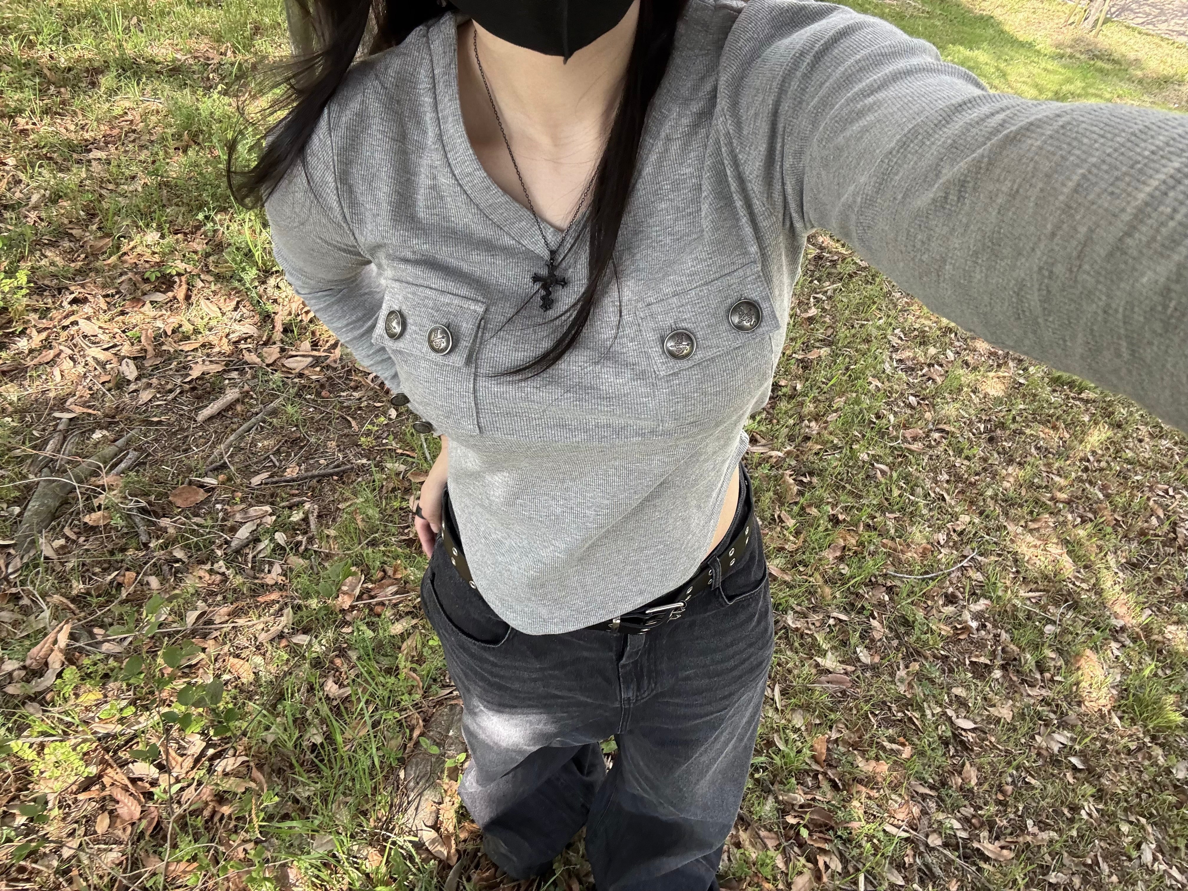 gibous rib original button v neck tops gray