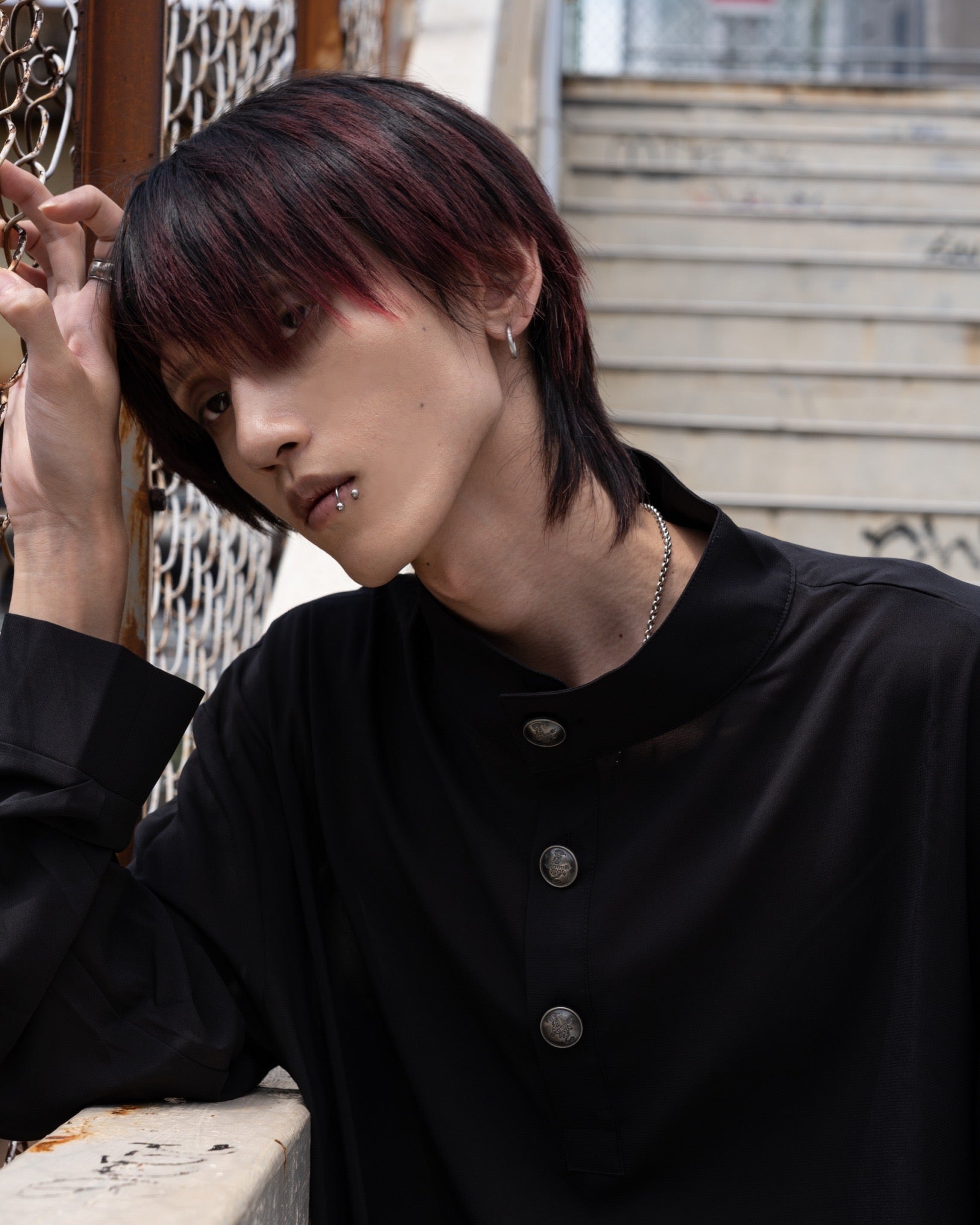 gibous button mock neck sheer tops