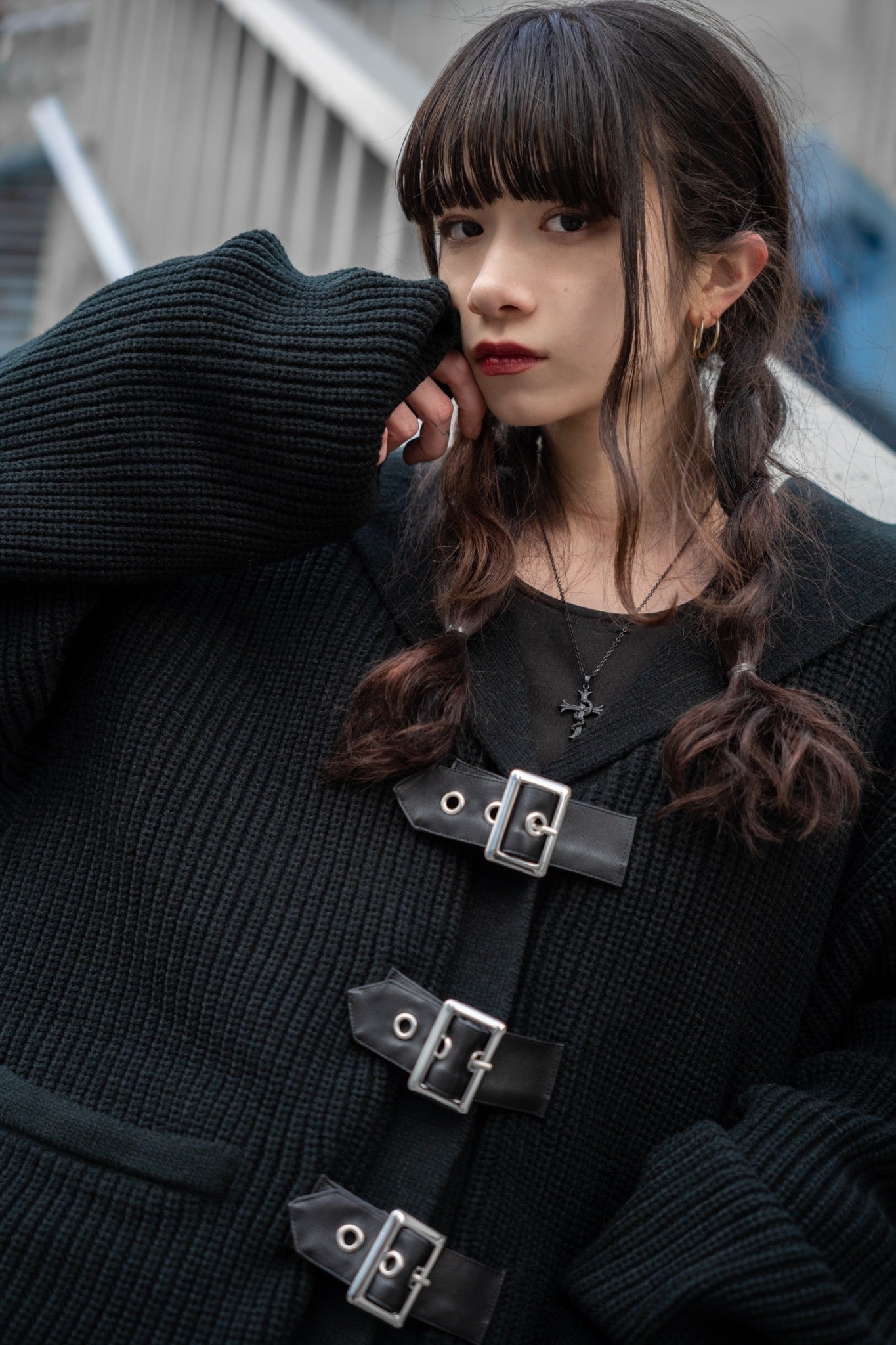 gibous knit belt sailor cardigan black