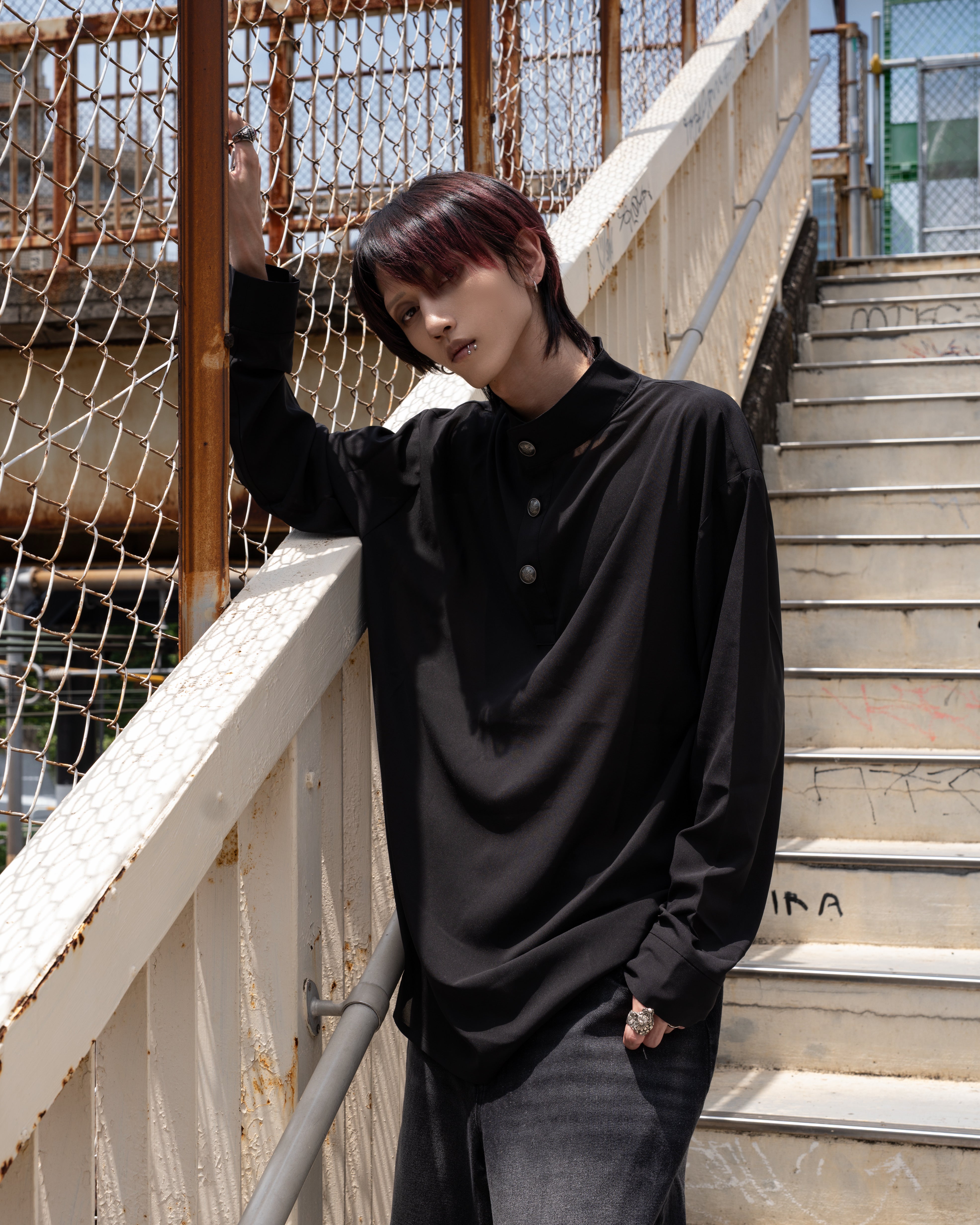 gibous button mock neck sheer tops